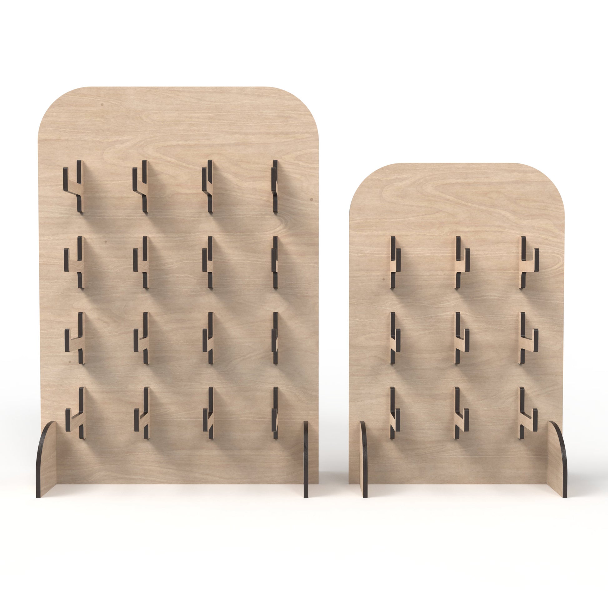 Set of 2 keyring / keychain stands made from our laser cutting files and available for digital download. The smaller stand has 9 arm brackets and the larger stand has 16 arm brackets, perfect for showcasing all your items.