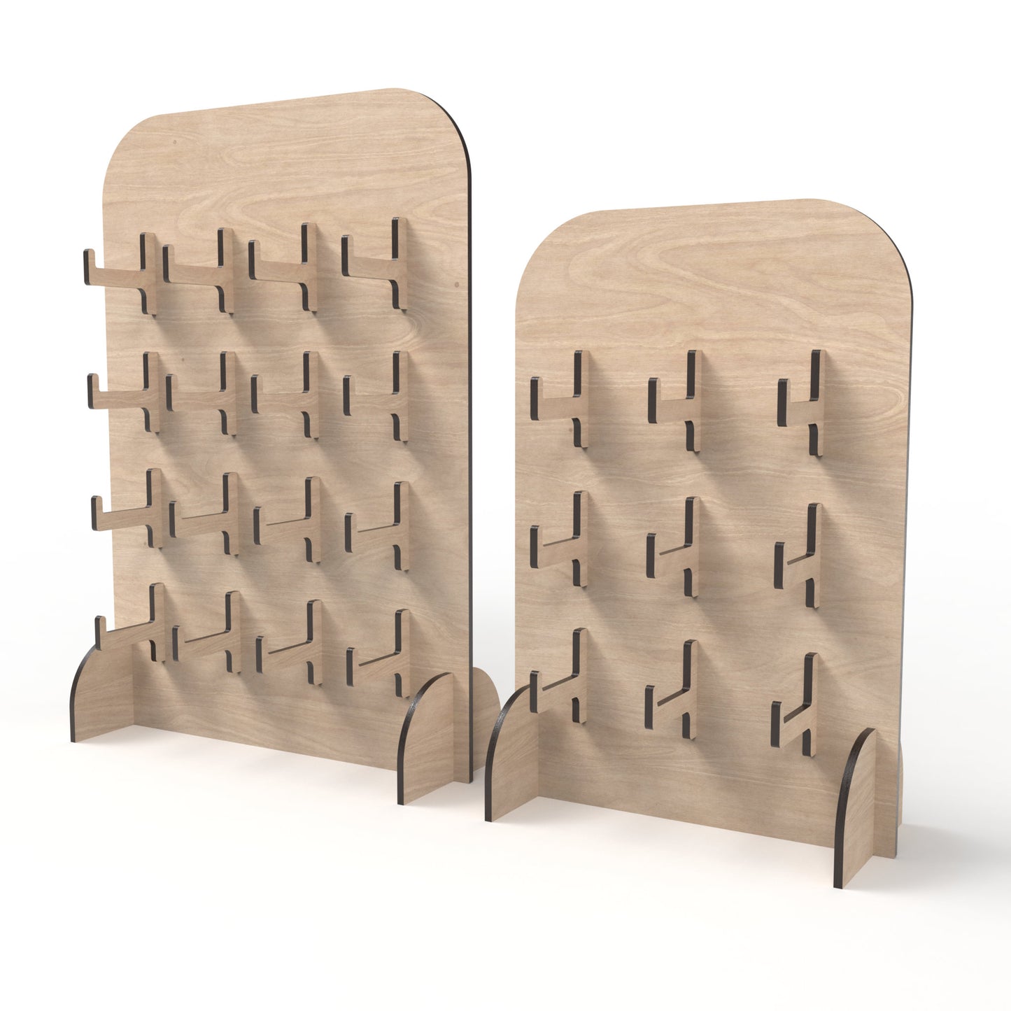 Set of 2 keyring / keychain stands made from our laser cutting files and available for digital download. The smaller stand has 9 arm brackets and the larger stand has 16 arm brackets, perfect for showcasing all your items.