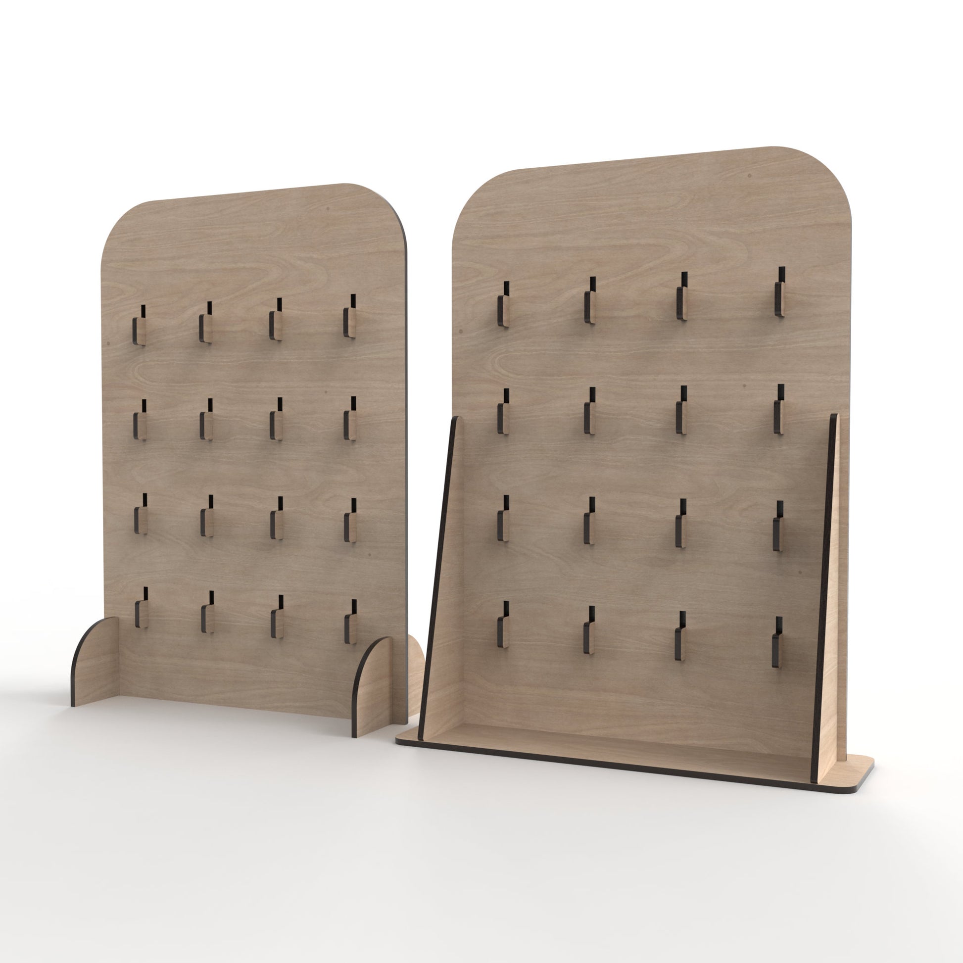 Set of 2 keyring / keychain stands made from our laser cutting files and available for digital download. The smaller stand has 9 arm brackets and the larger stand has 16 arm brackets, perfect for showcasing all your items.