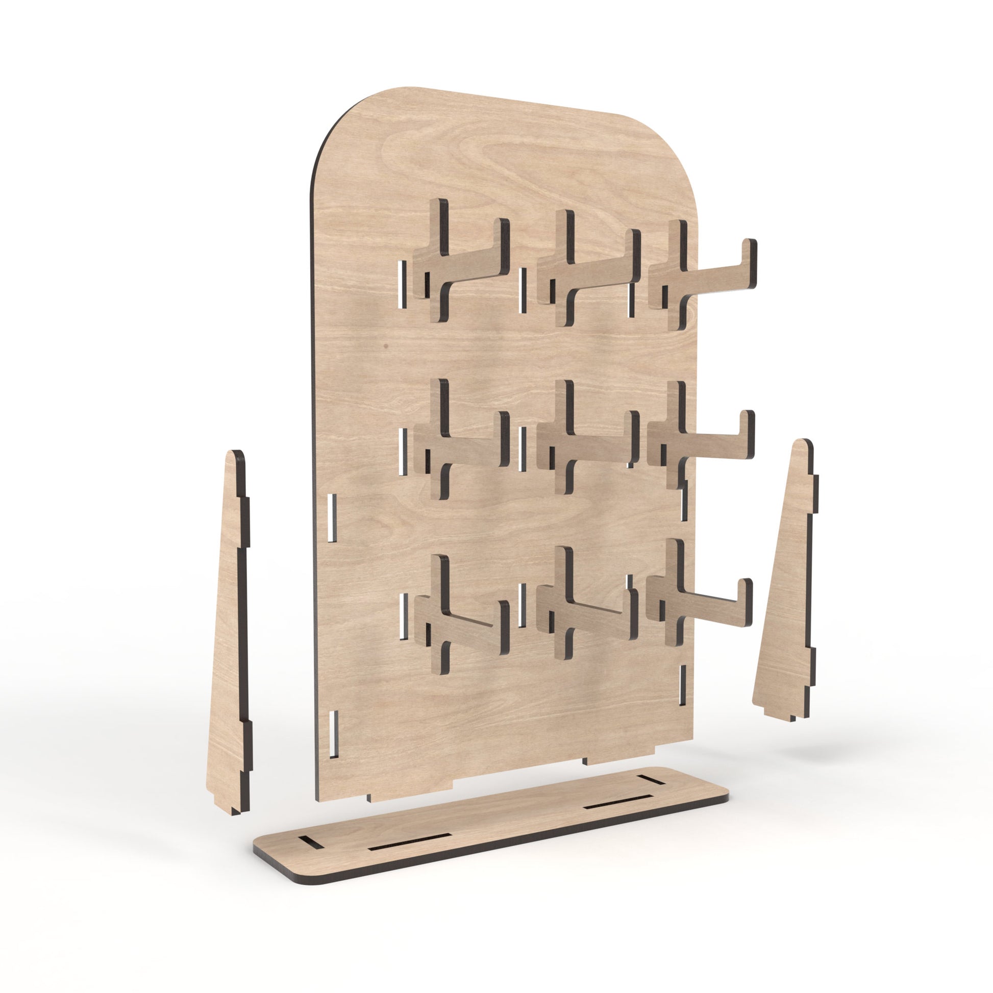 An exploded view of our keyring / keychain stands made from our laser cutting files and available for digital download. Perfect for showcasing all your items.