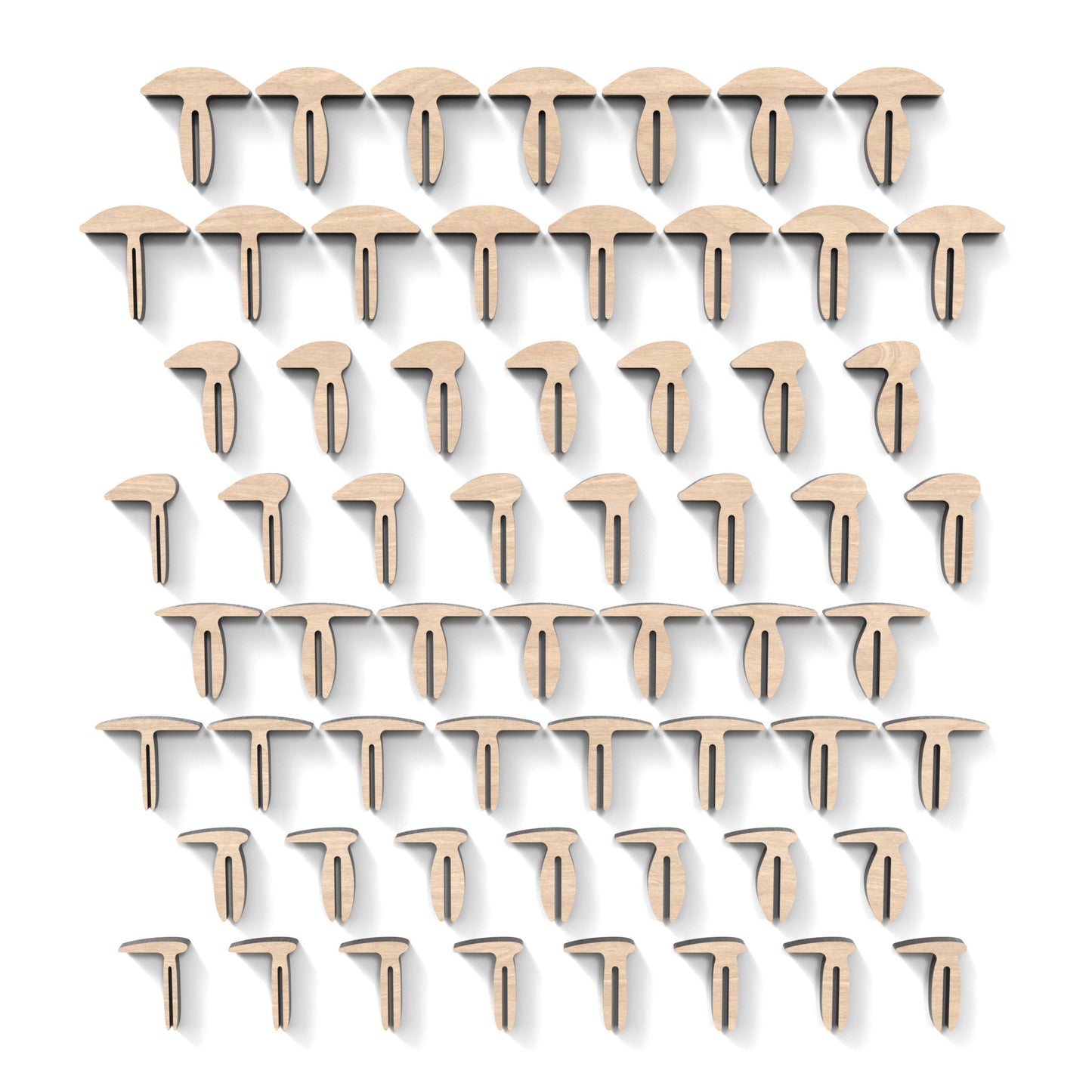 Set of 60 laser honeycomb bed hold-down pins made from our laser cutting files and available for digital download. Includes 30 T-shaped pins and 30 L-shaped pins, with widths ranging from 4mm to 12mm.