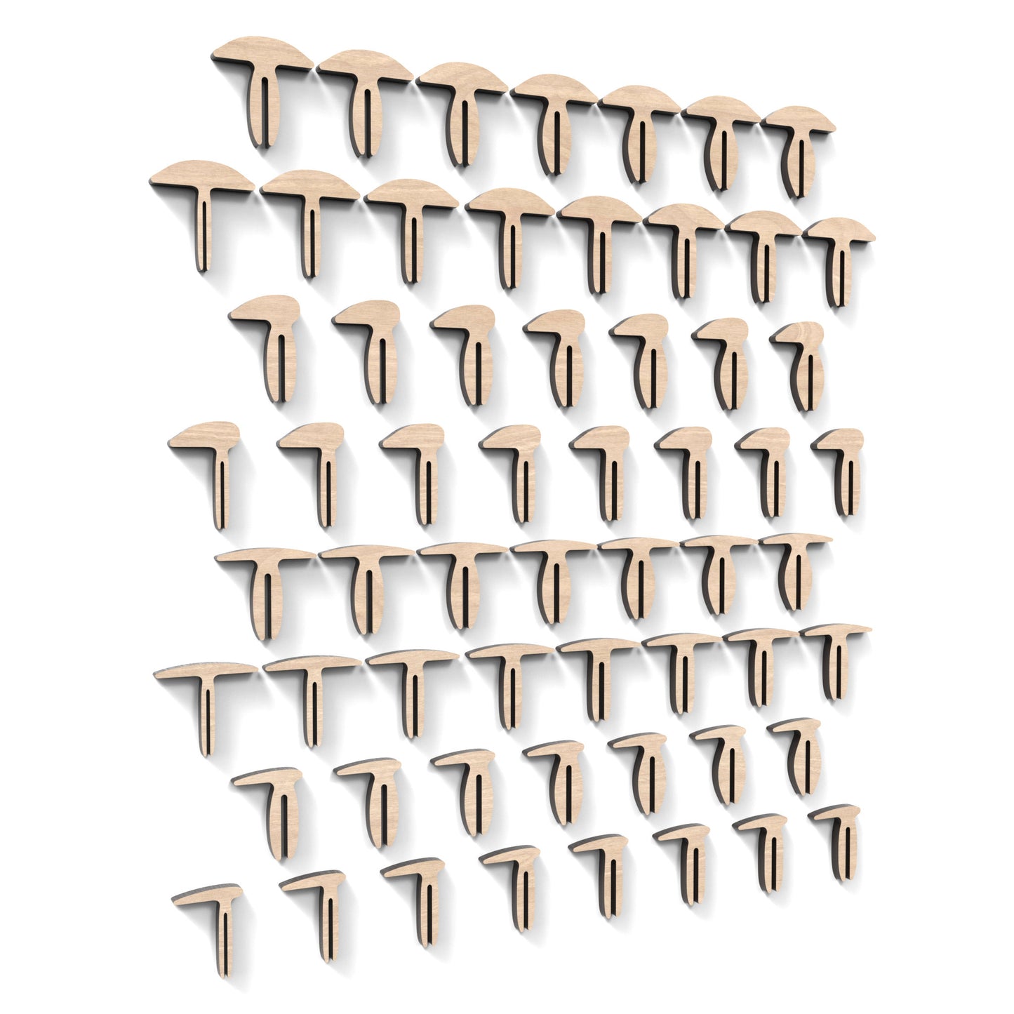 Set of 60 laser honeycomb bed hold-down pins made from our laser cutting files and available for digital download. Includes 30 T-shaped pins and 30 L-shaped pins, with widths ranging from 4mm to 12mm.