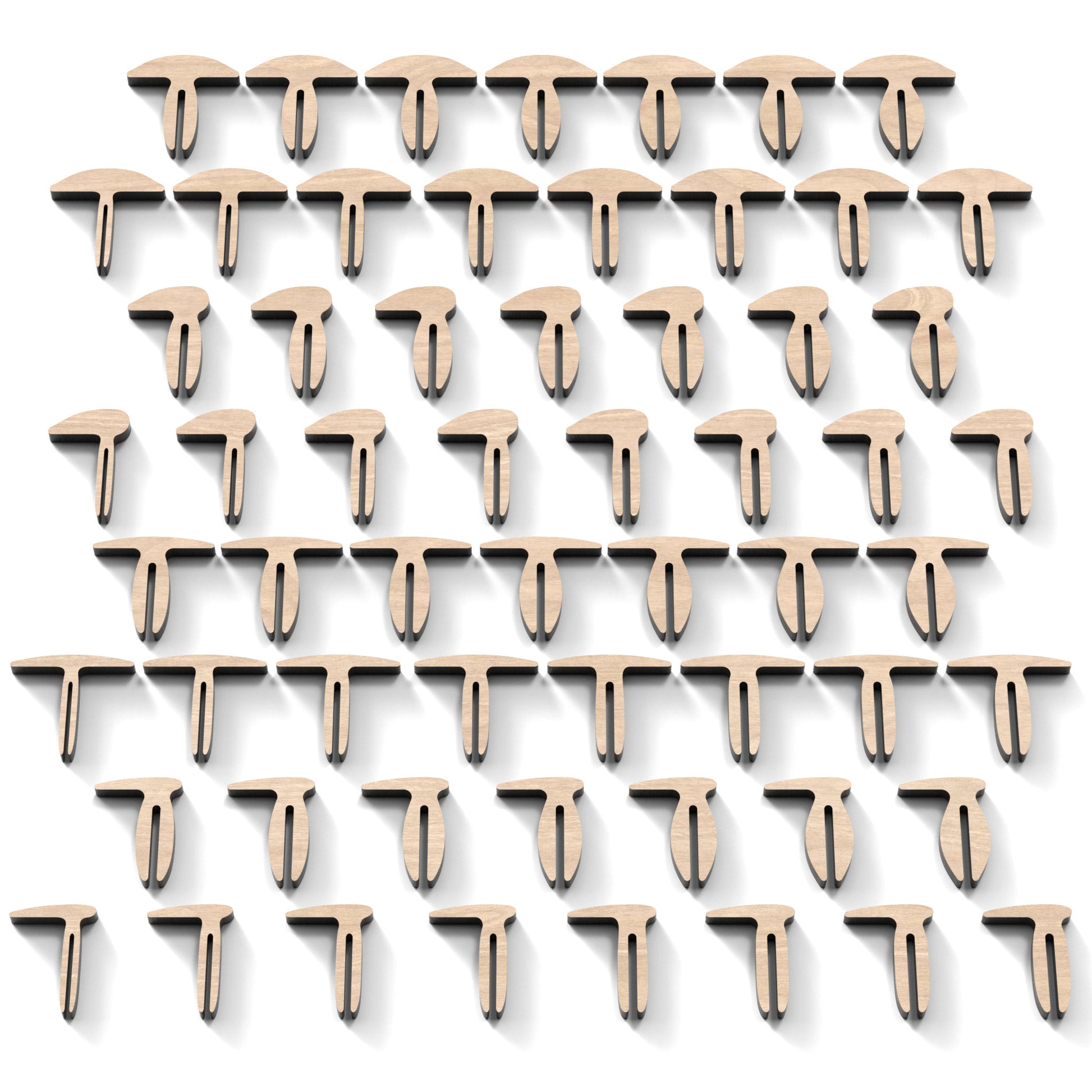 Set of 60 laser honeycomb bed hold-down pins made from our laser cutting files and available for digital download. Includes 30 T-shaped pins and 30 L-shaped pins, with widths ranging from 4mm to 12mm.