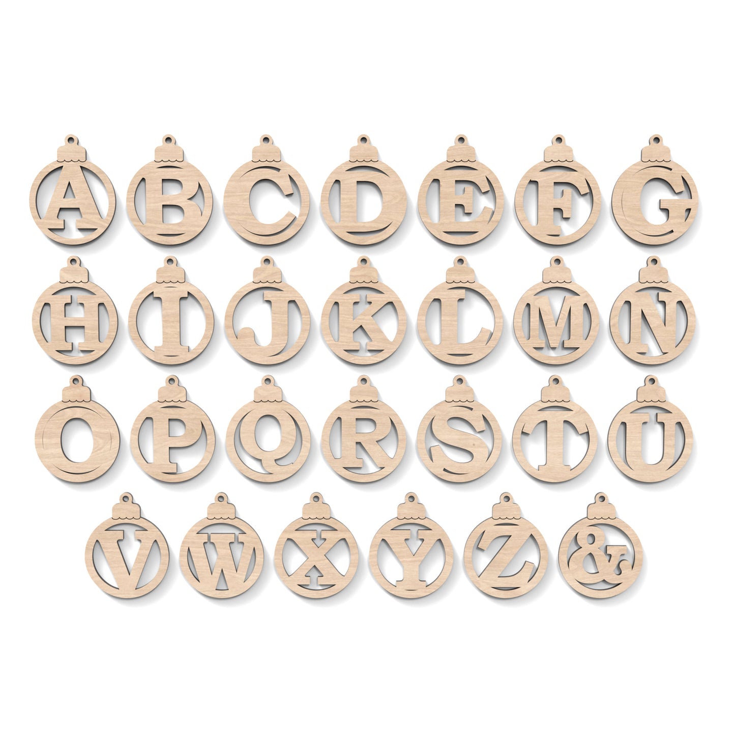 The full alphabet A-Z of Christmas Tree Baubles made from our laser cutting files and available for digital download. Each bauble features a separate letter cut out of its centre.