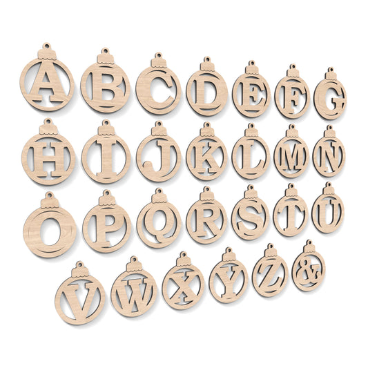 The full alphabet A-Z of Christmas Tree Baubles made from our laser cutting files and available for digital download. Each bauble features a separate letter cut out of its centre.