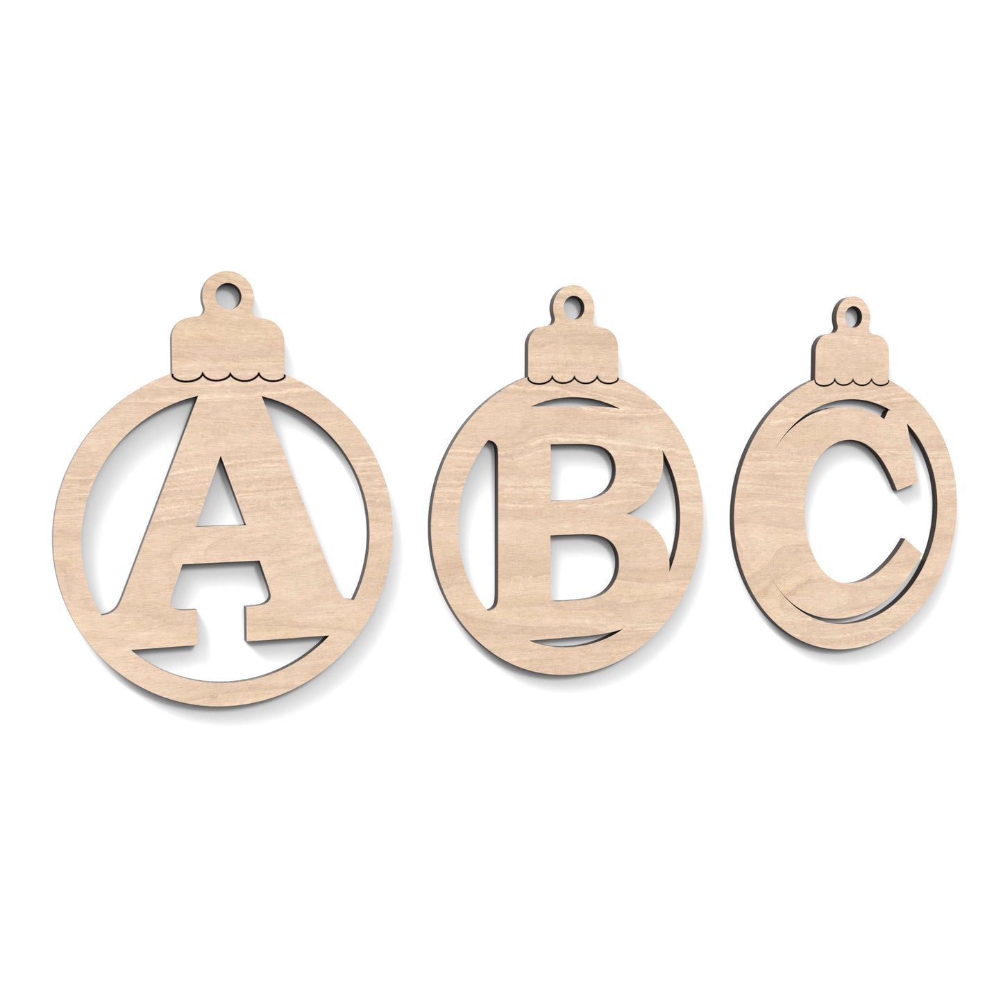  A B C Christmas Tree Baubles made from our laser cutting files and available for digital download. Each bauble features a separate letter cut out of its centre.