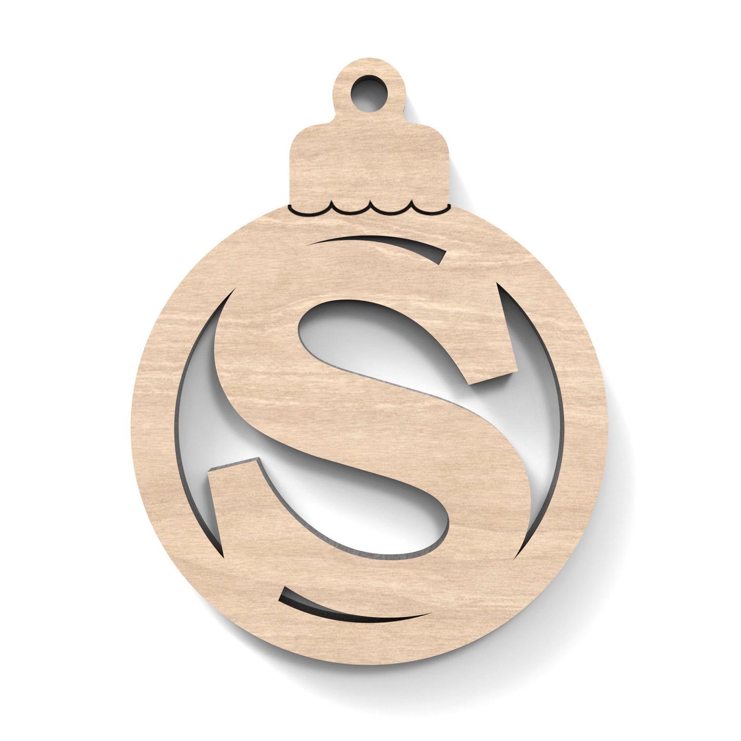 The Letter S Christmas Tree Bauble made from our laser cutting files and available for digital download. Each bauble features a separate letter cut out of its centre.