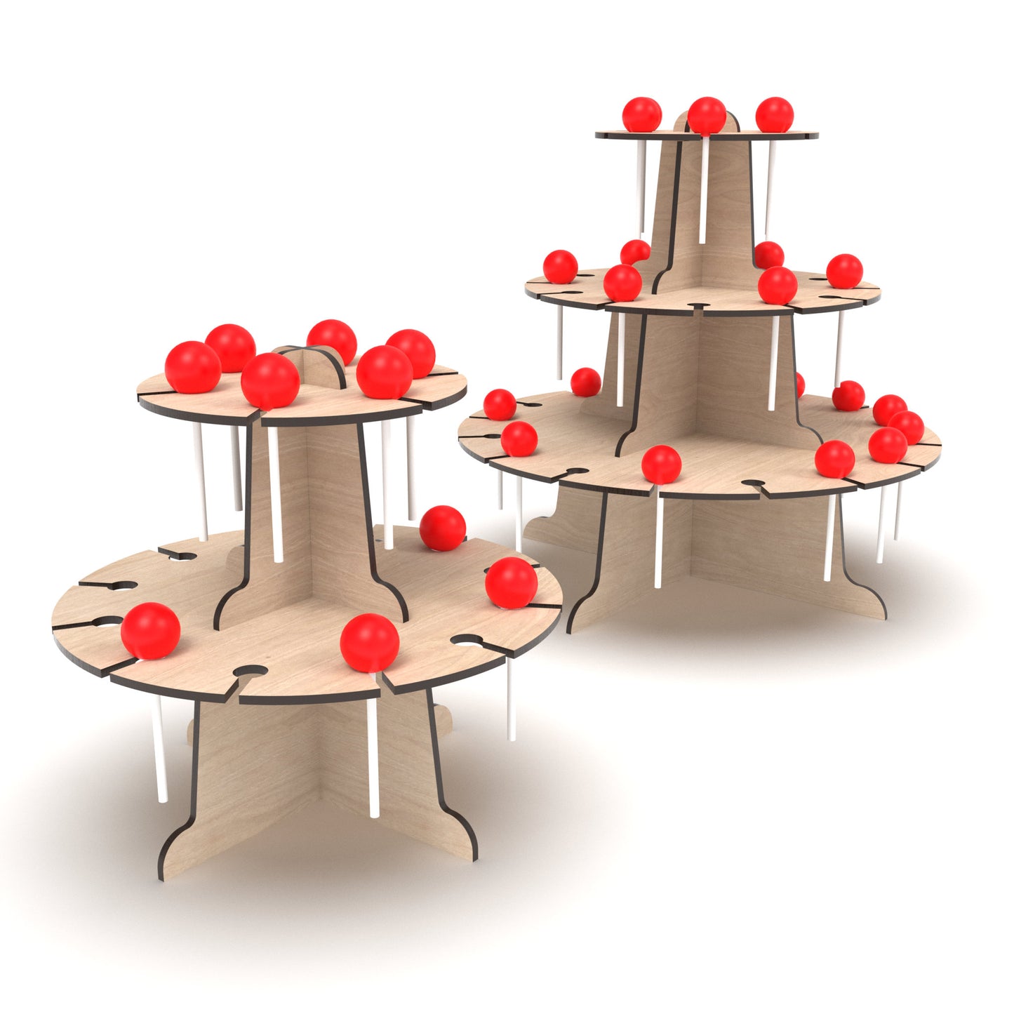 Set of 2 Lollipop Display Stands, a 2 two-tier stand and a three-tier stand, made from our laser cutting files and available for digital download.