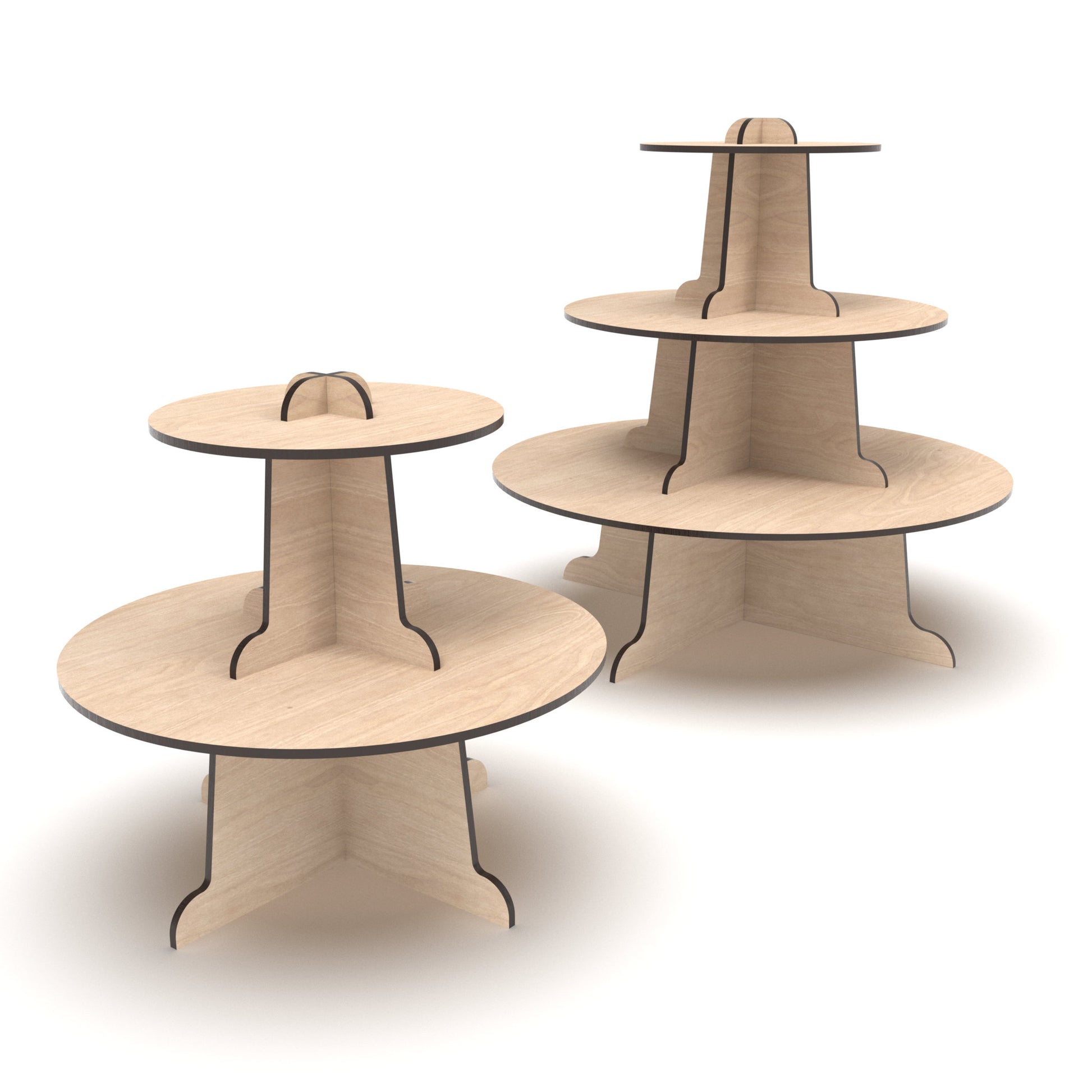 Set of 2 Cupcake Display Stands, a 2 two-tier stand and a three-tier stand, made from our laser cutting files and available for digital download.