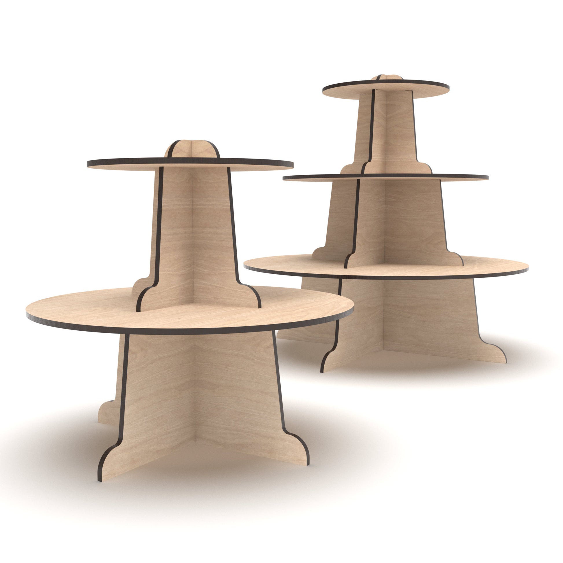 Set of 2 Cupcake Display Stands, a 2 two-tier stand and a three-tier stand, made from our laser cutting files and available for digital download.