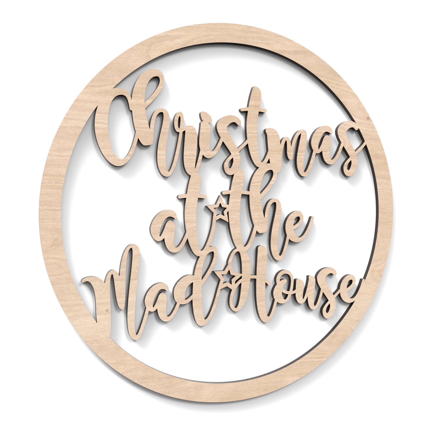 Christmas at the Madhouse Hoop Sign Wall Art made from our laser cutting files and available as a digital download. The hoop features wording cut out of its centre, "Christmas at the Madhouse".