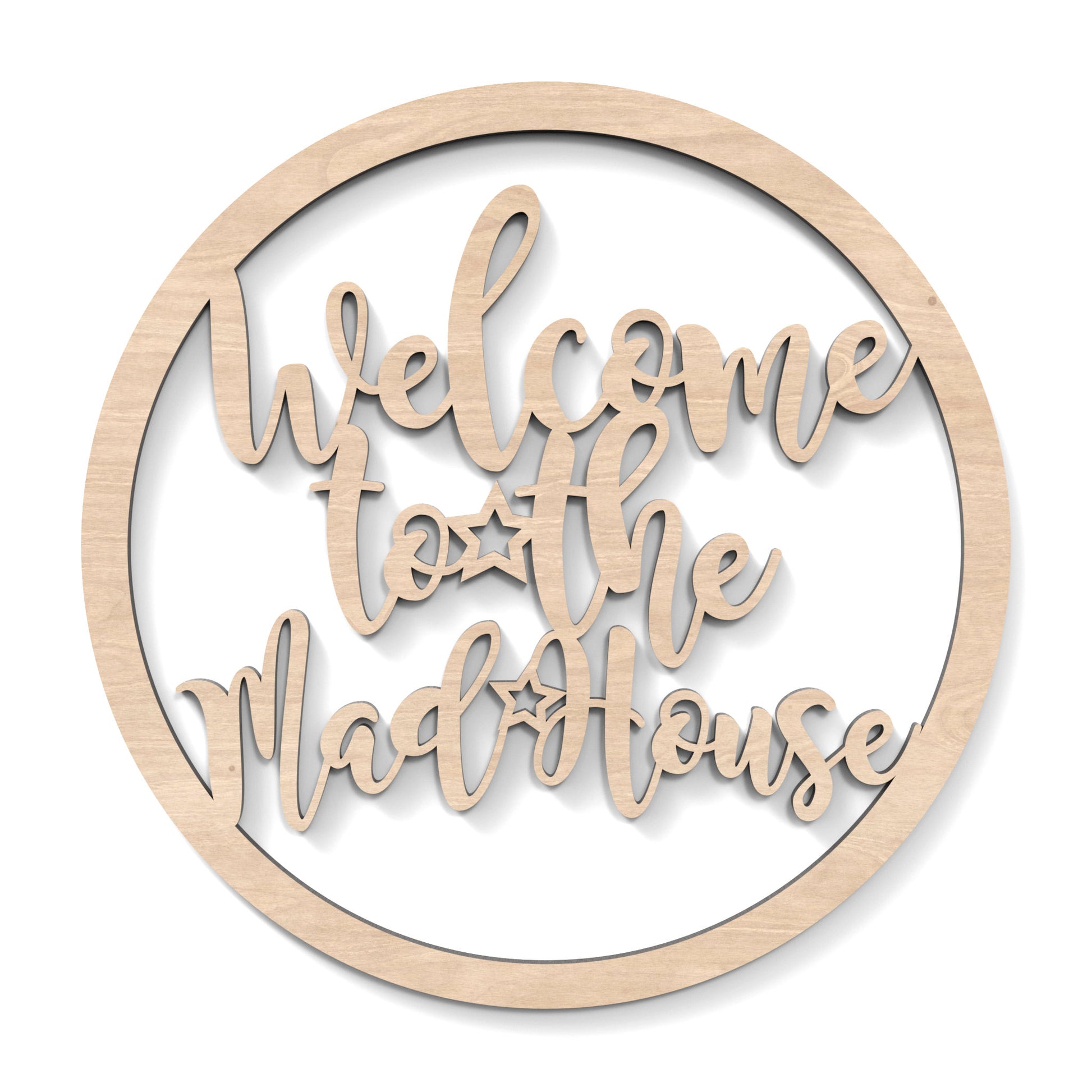 Welcome to the Madhouse Hoop Sign Wall Art made from our laser cutting files and available as a digital download. The hoop features wording cut out of its centre, "Welcome to the Madhouse".