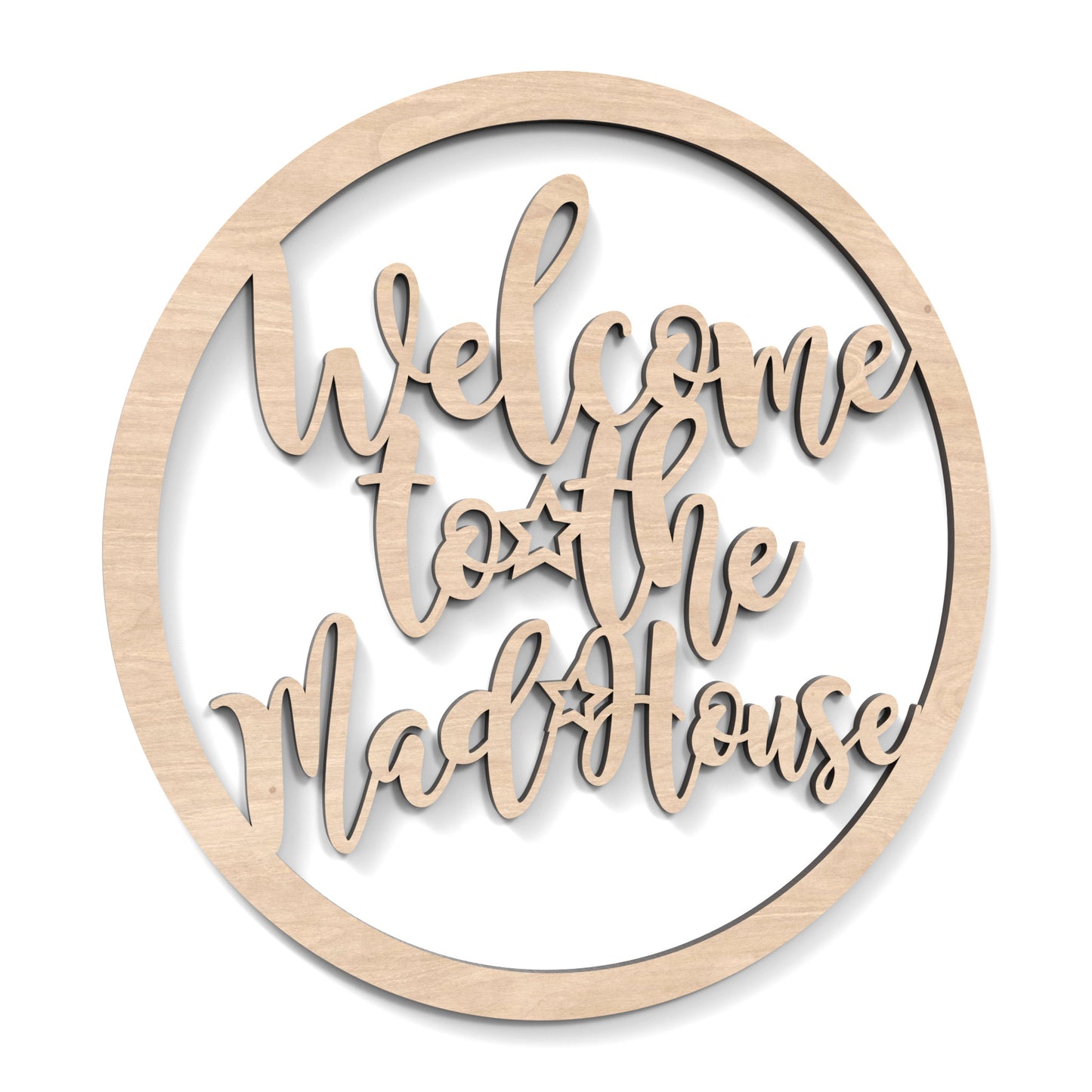 Welcome to the Madhouse Hoop Sign Wall Art made from our laser cutting files and available as a digital download. The hoop features wording cut out of its centre, "Welcome to the Madhouse".