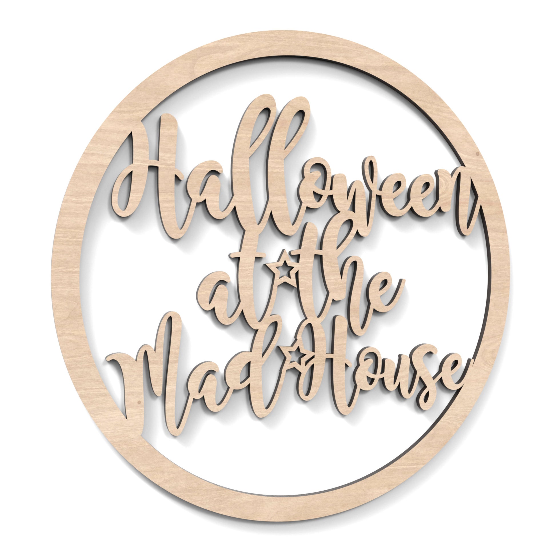 Halloween at the Madhouse Hoop Sign Wall Art made from our laser cutting files and available for digital download. The hoop features wording cut out of its centre, "Halloween at the Madhouse".