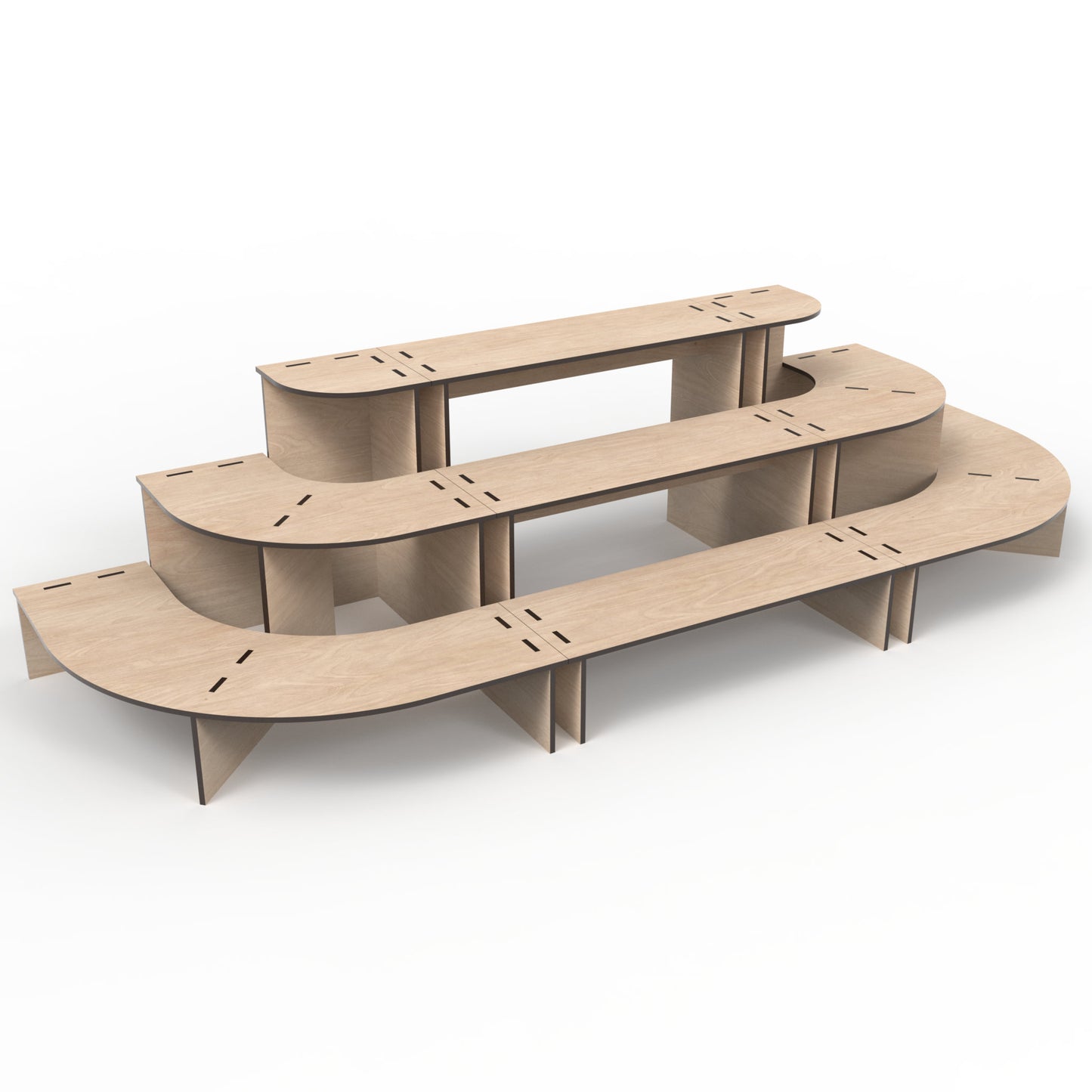 Modular 3-tier retail display stands made from our laser cutting files and available for digital download. Includes quarter round and straight versions, allowing for various configurations such as half round, full round, long straight stands, or with corner ends.