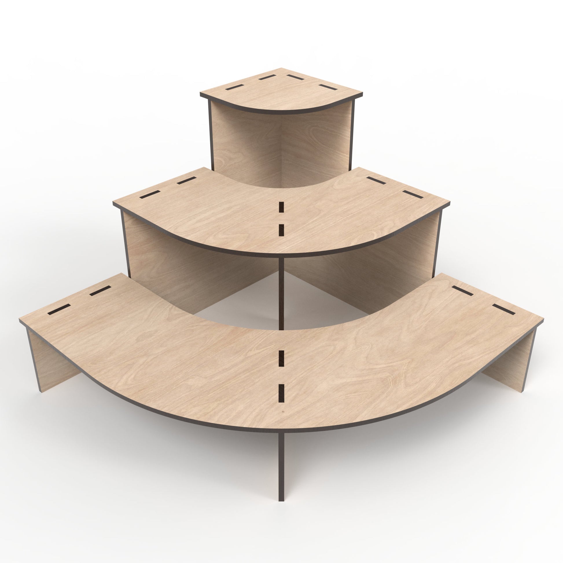 Quarter round modular 3-tier retail display stand made from our laser cutting files and available for digital download.