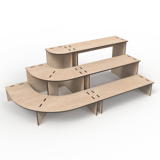 Modular 3-tier retail display stands made from our laser cutting files and available for digital download. Includes quarter round and straight versions, allowing for various configurations such as half round, full round, long straight stands, or with corner ends.