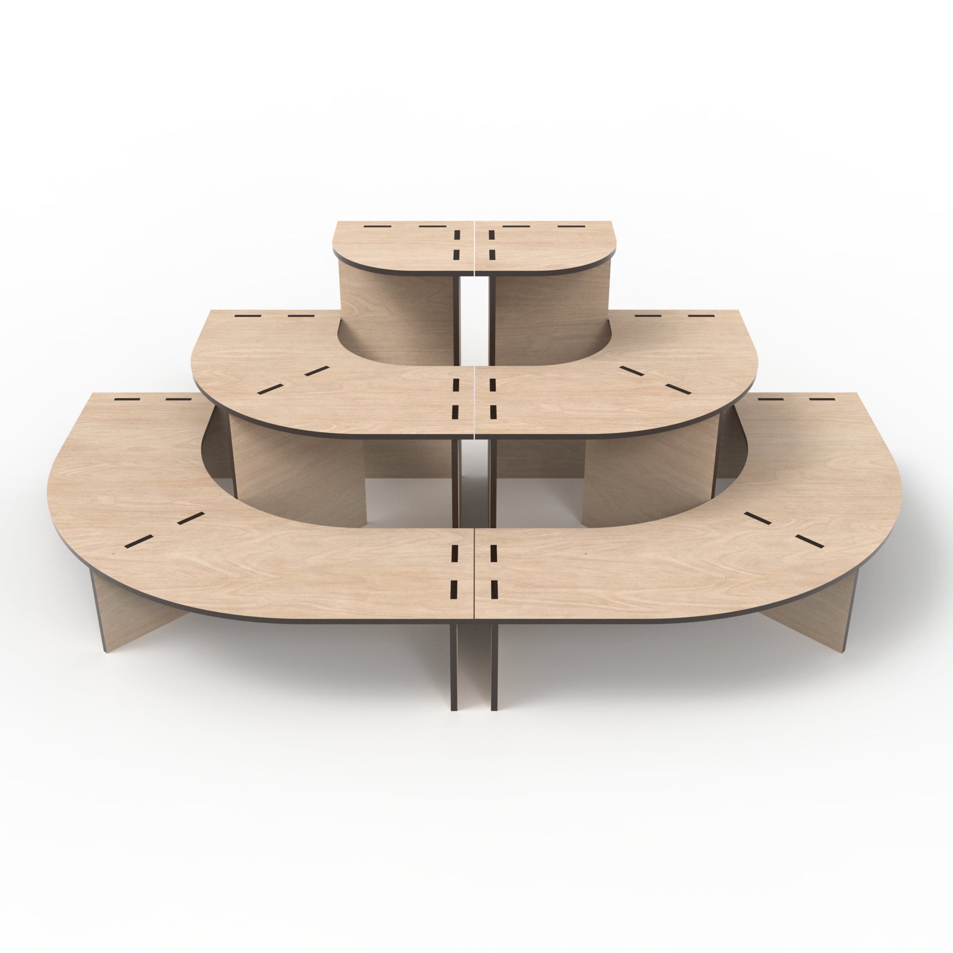 Modular 3-tier retail display stands made from our laser cutting files and available for digital download. Includes quarter round and straight versions, allowing for various configurations such as half round, full round, long straight stands, or with corner ends.