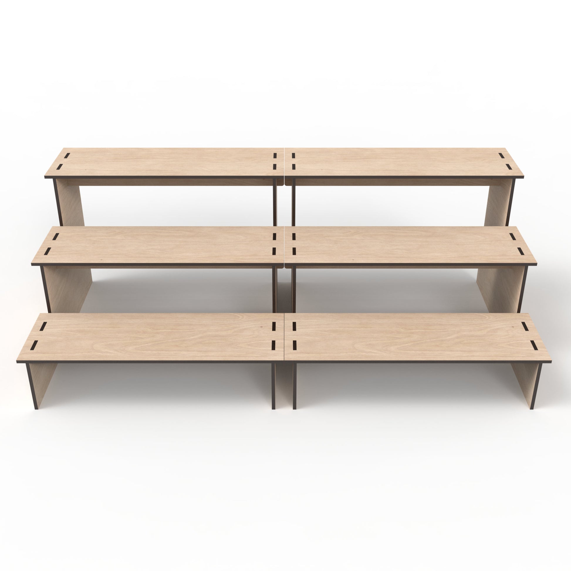 Modular 3-tier retail display stands made from our laser cutting files and available for digital download. Includes quarter round and straight versions, allowing for various configurations such as half round, full round, long straight stands, or with corner ends.