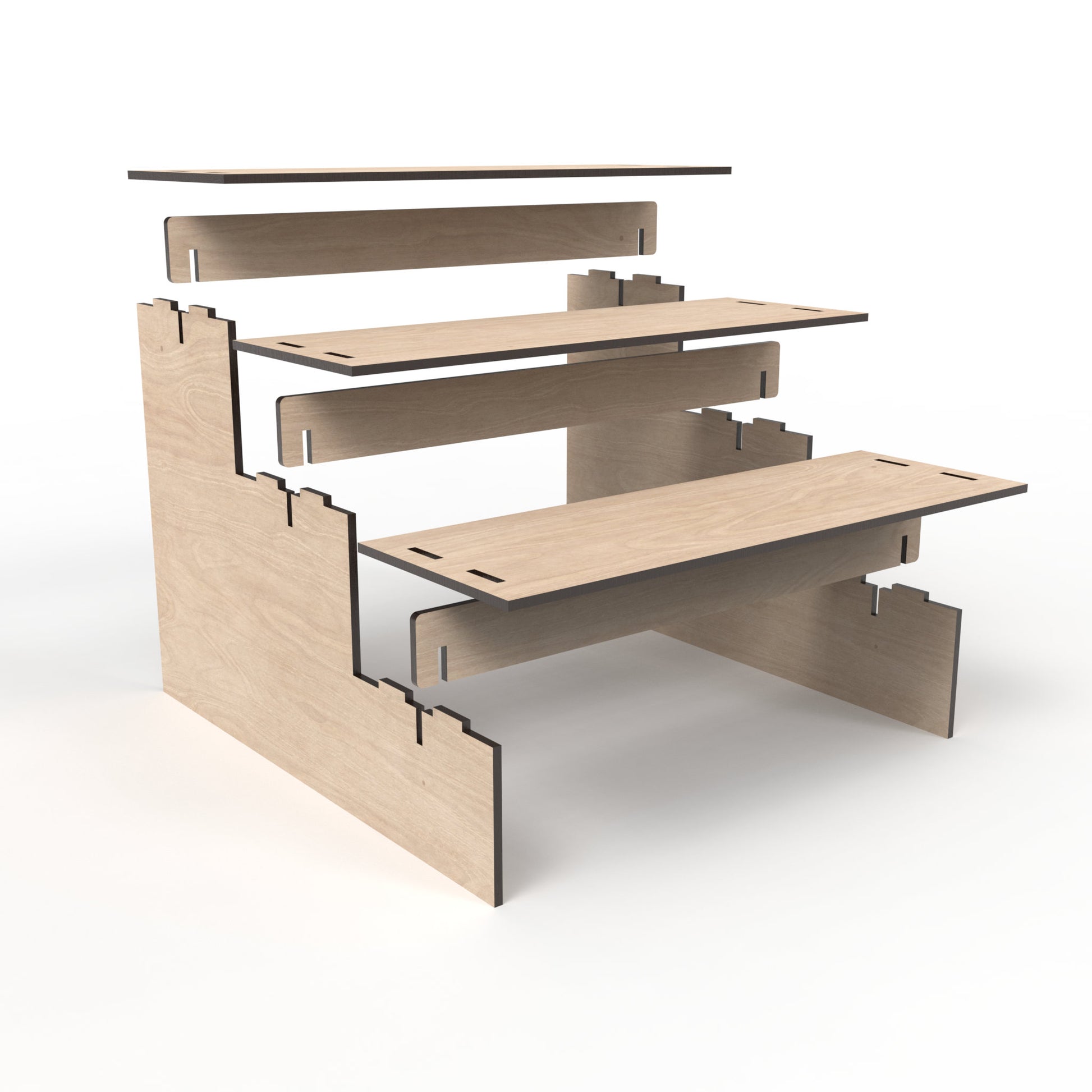 Exploded view of our straight modular 3-tier retail display stand made from our laser cutting files and available for digital download.