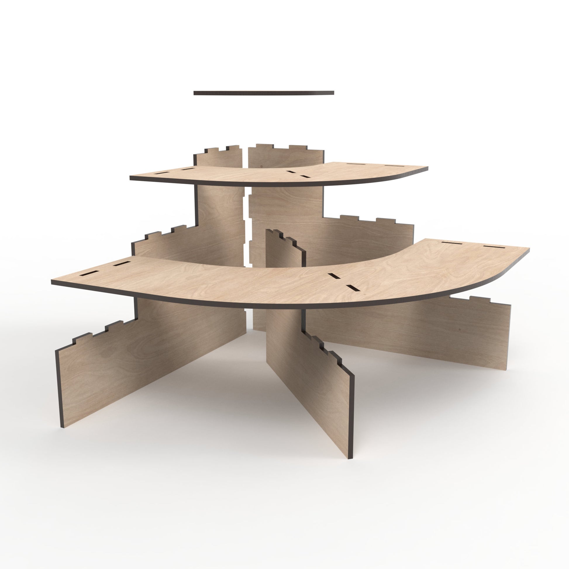 Exploded view of our quarter round modular 3-tier retail display stand made from our laser cutting files and available for digital download.