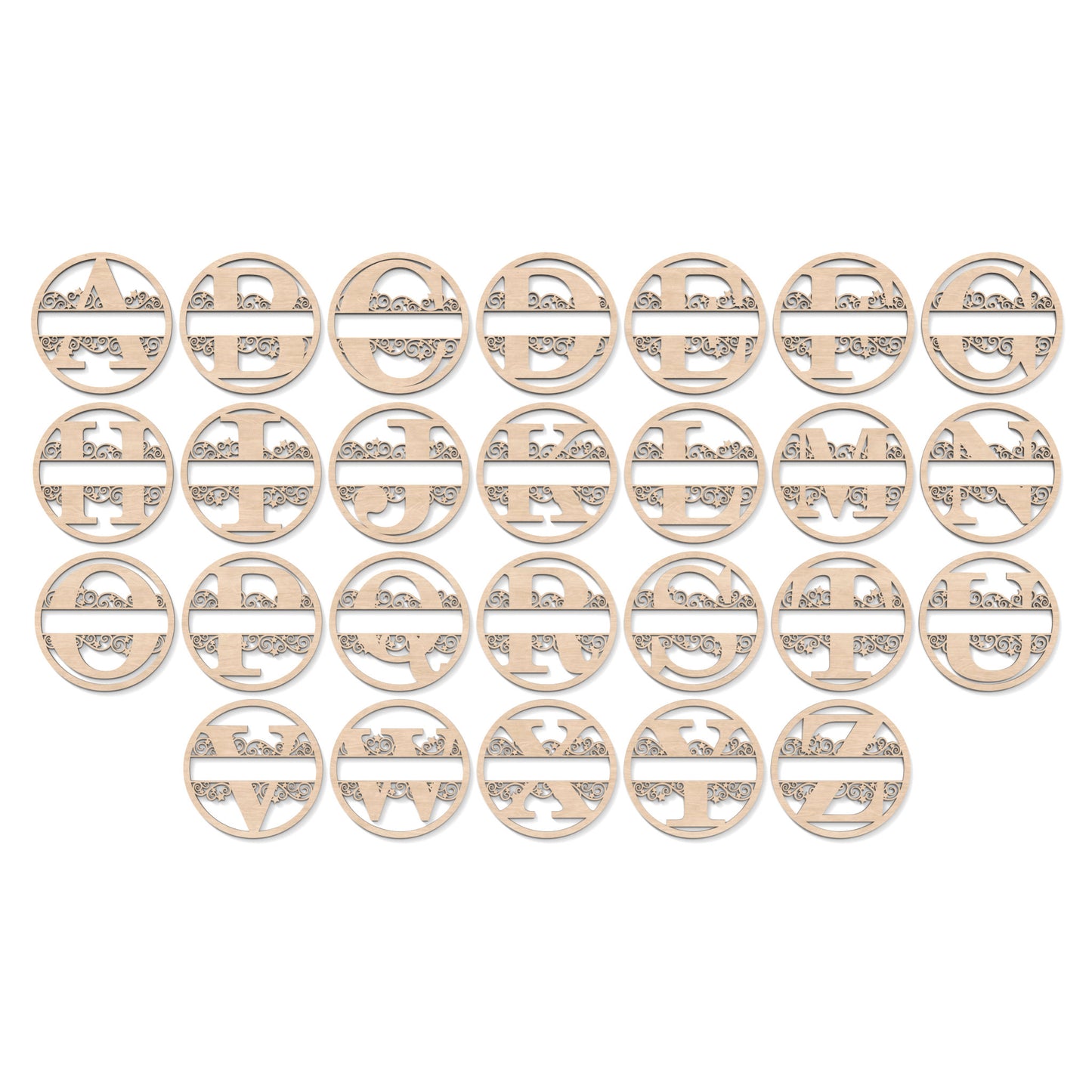Split Letter Circle Monogram Hoops made from our laser cutting files and available for digital download. Each hoop features a letter split in the middle for personalization, all connected to a round hoop.
