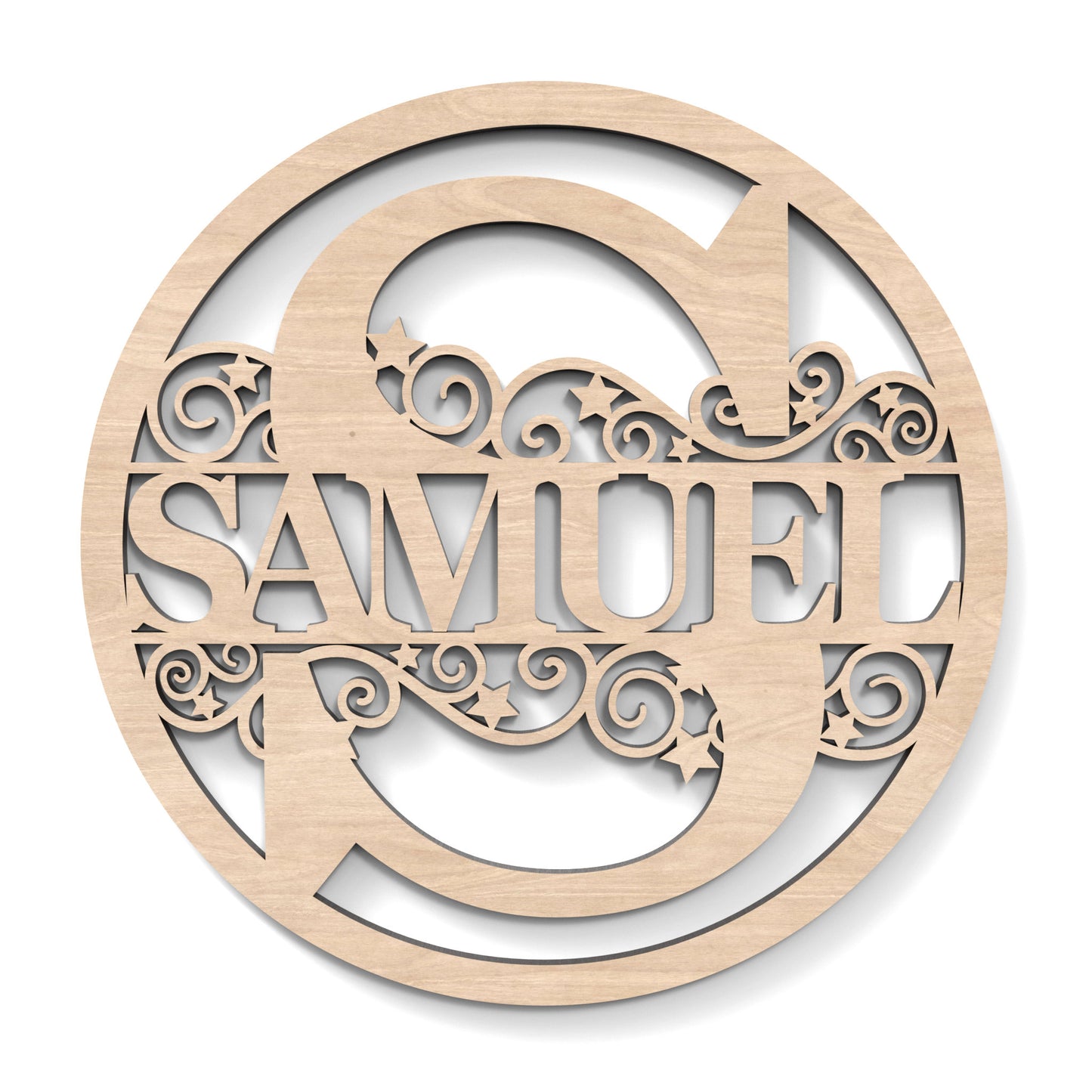 A Split Letter Circle Monogram Hoop with the name "Samuel" cut out, made from our laser cutting files and available for digital download.