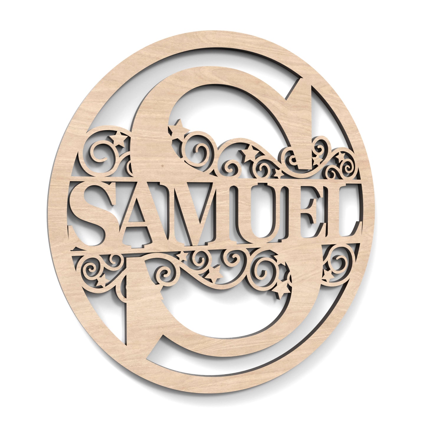 A Split Letter Circle Monogram Hoop with the name "Samuel" cut out, made from our laser cutting files and available for digital download.