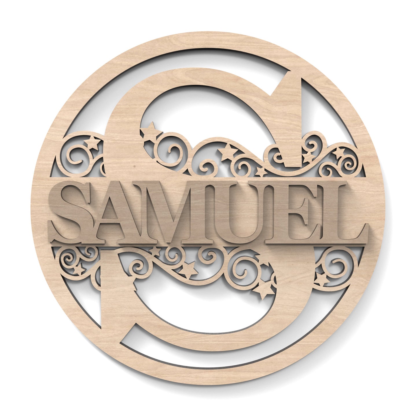 A Split Letter Circle Monogram Hoop with the name "Samuel" cut out and placed on top, made from our laser cutting files and available for digital download.