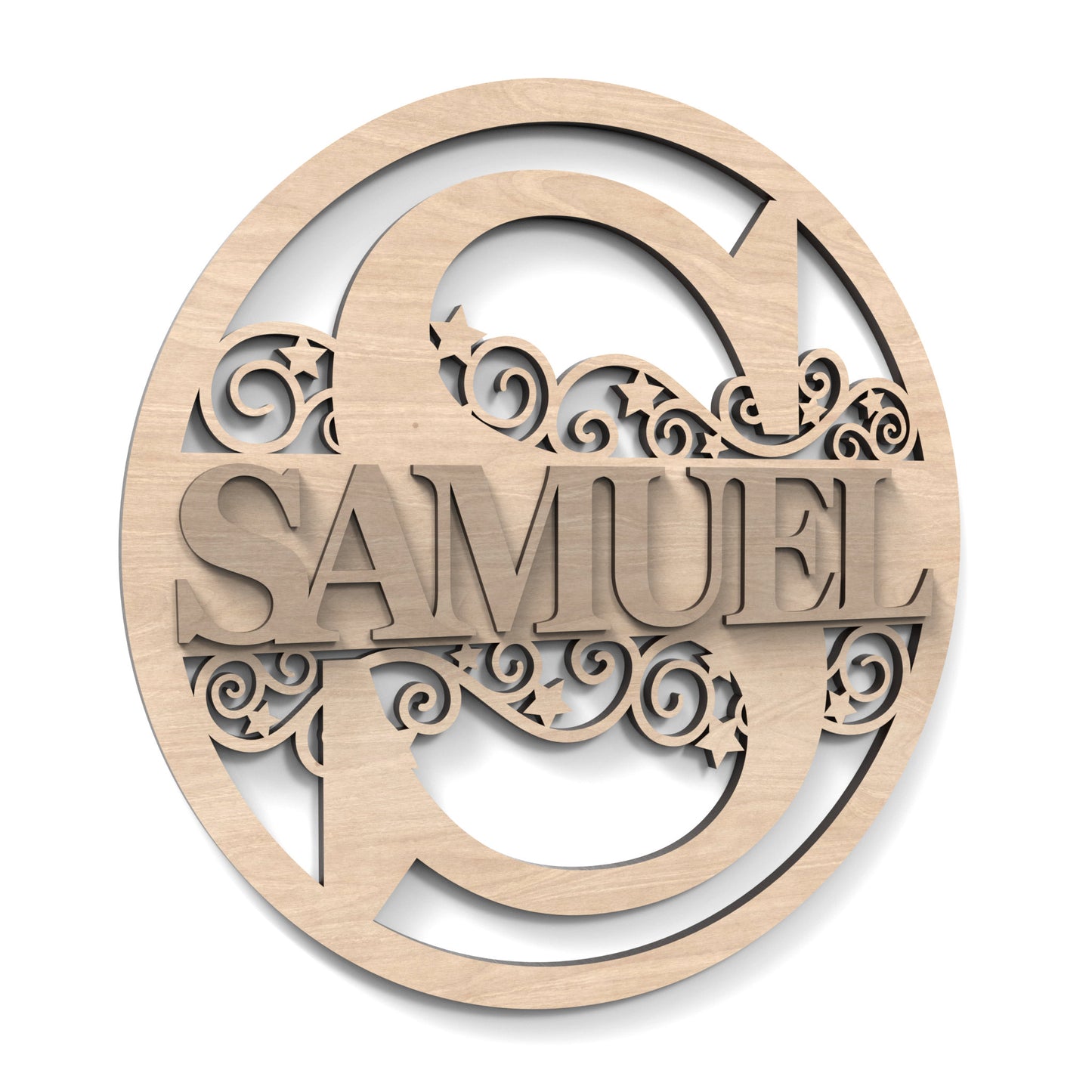 A Split Letter Circle Monogram Hoop with the name "Samuel" cut out and placed on top, made from our laser cutting files and available for digital download.