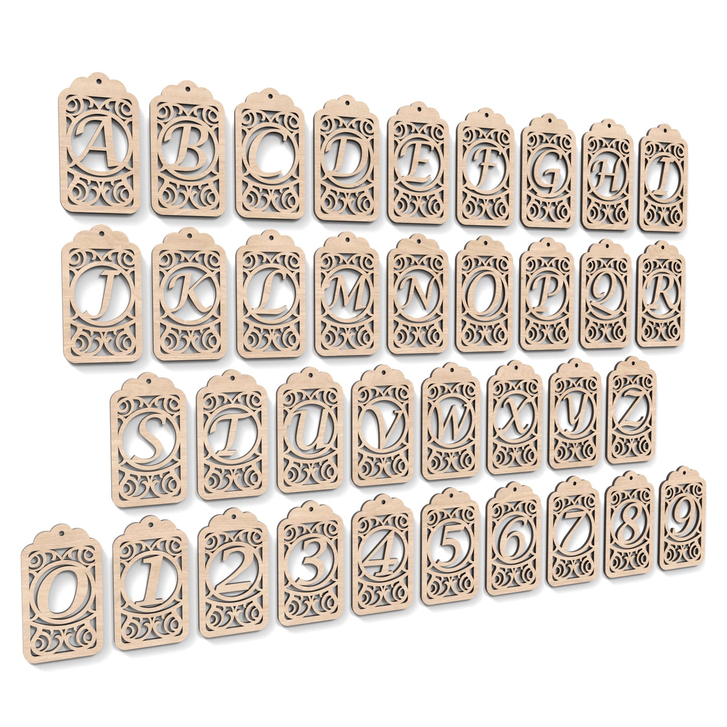 The full alphabet A-Z of Monogram Gift Tags made from our laser cutting files and available as a digital download. Each gift tag features a separate letter or number cut out of its centre.
