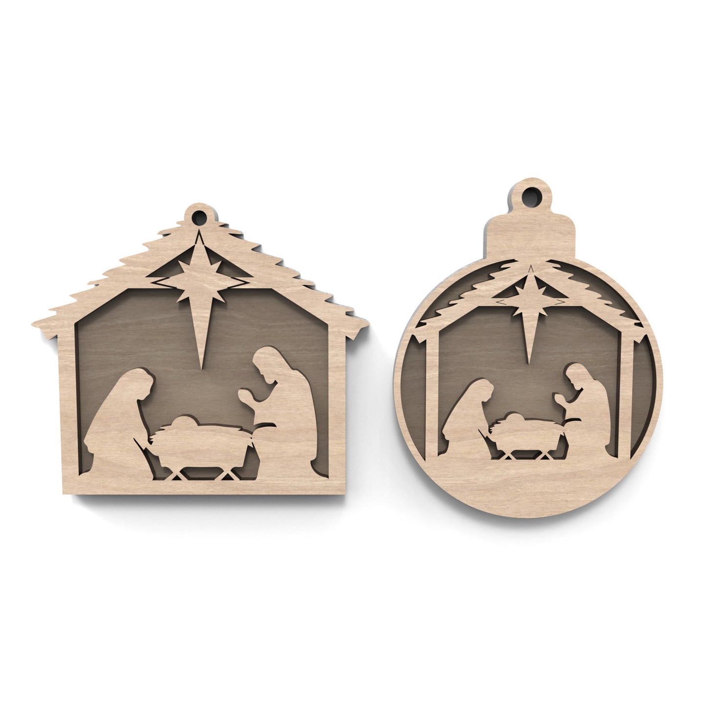 Set of 2 Nativity Scene baubles made from our laser cutting files and available for digital download. Features 2 designs that can be used as either a double-layer ornament with a backboard or a single-layer piece with intricate cut-out details. Each measures approximately 10cm.