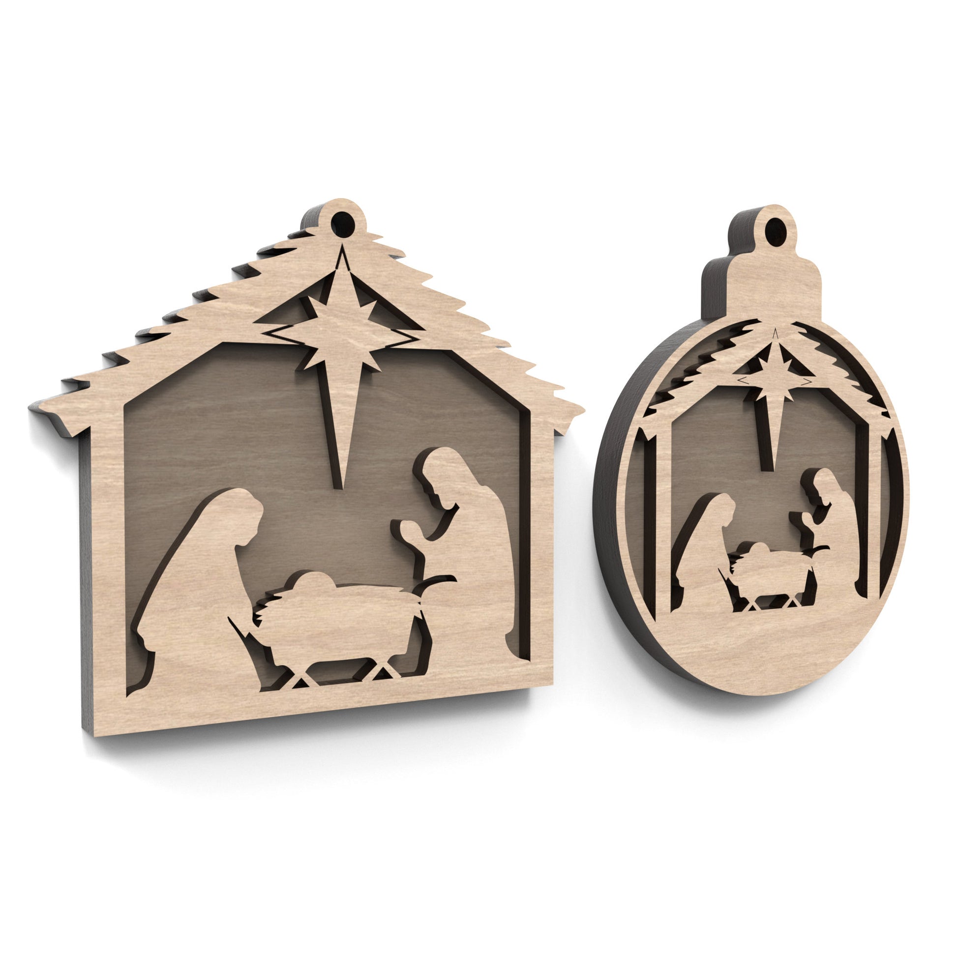 Set of 2 Nativity Scene baubles made from our laser cutting files and available for digital download. Features 2 designs that can be used as either a double-layer ornament with a backboard or a single-layer piece with intricate cut-out details. Each measures approximately 10cm.