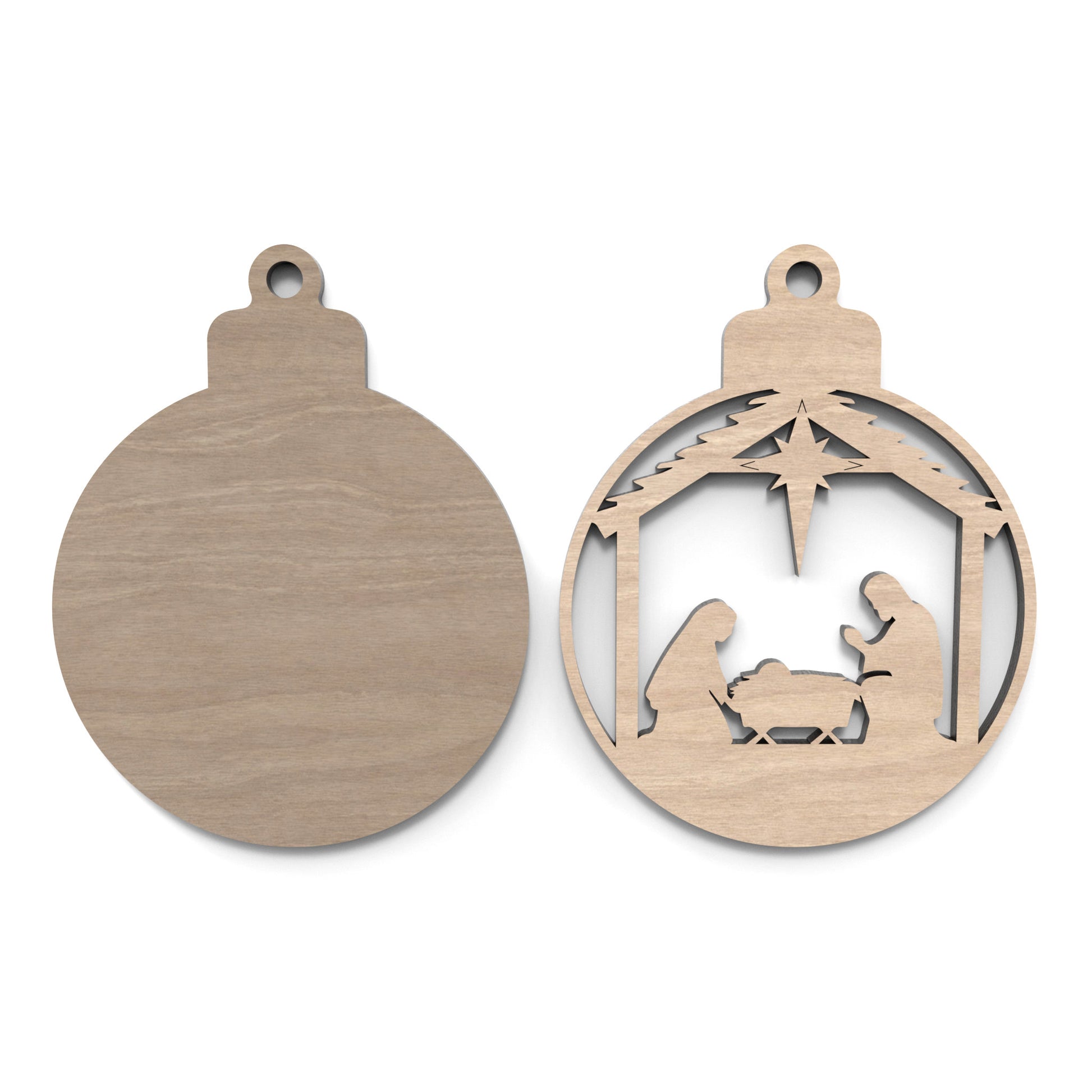 Exploded view of our Nativity Scene baubles made from our laser cutting files and available for digital download. Each measures approximately 10cm.