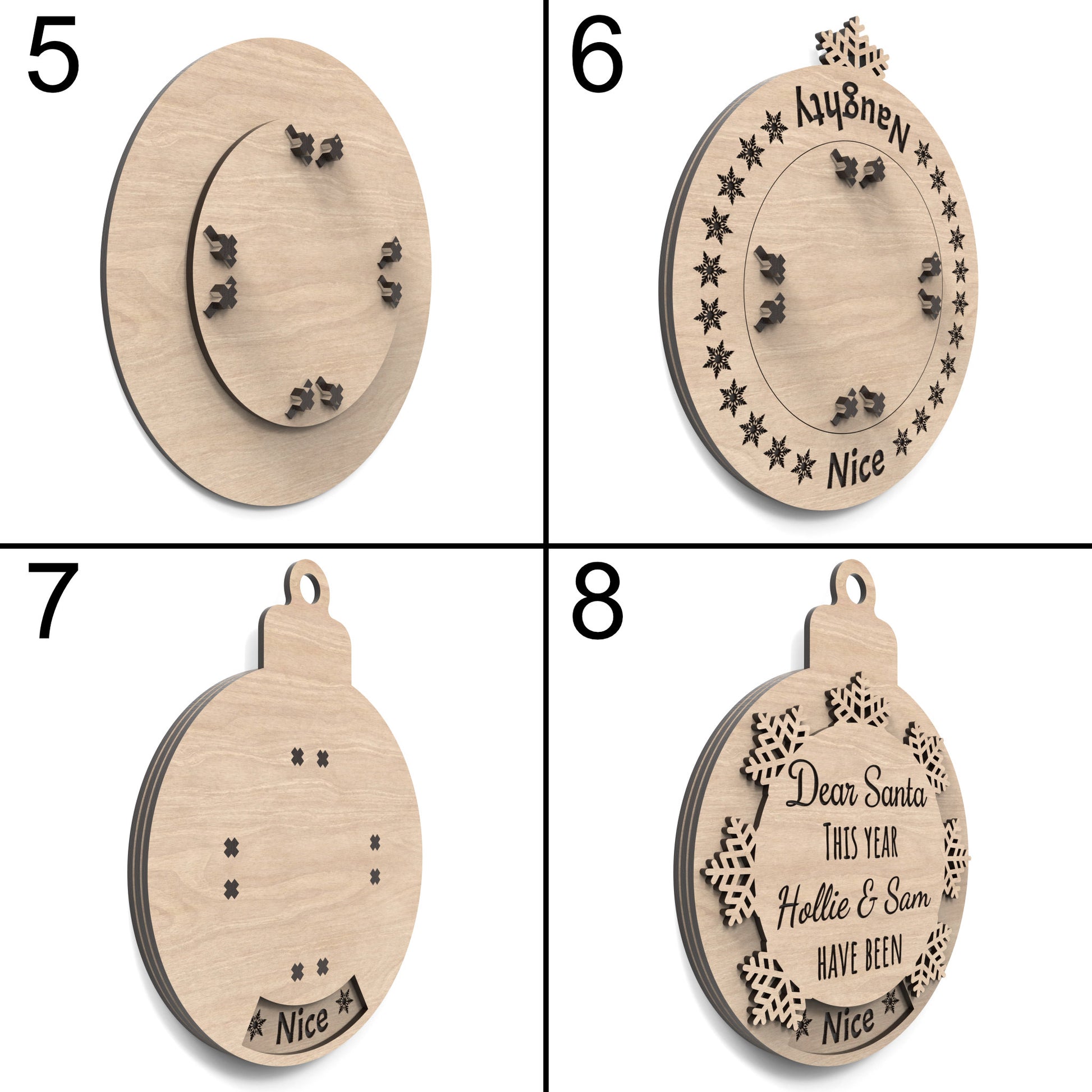 Image assembly guide for our Naughty or Nice Christmas baubles made from our laser cutting files and available for digital download.