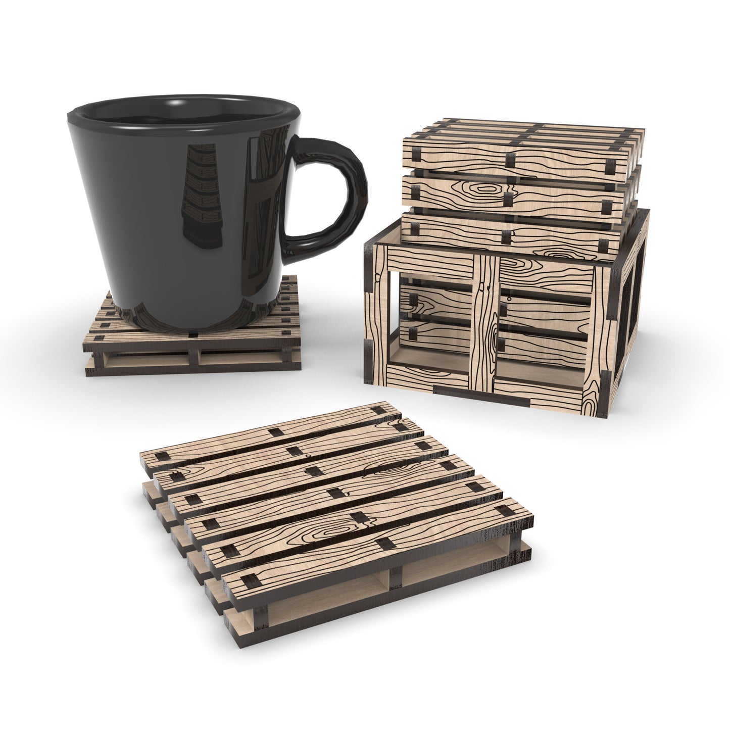 Boxed Pallet Coaster and Crate Set made from our laser cutting files and available as a digital download. Each pallet coaster measures 9cm x 9cm, and the crate can hold up to 6 coasters.