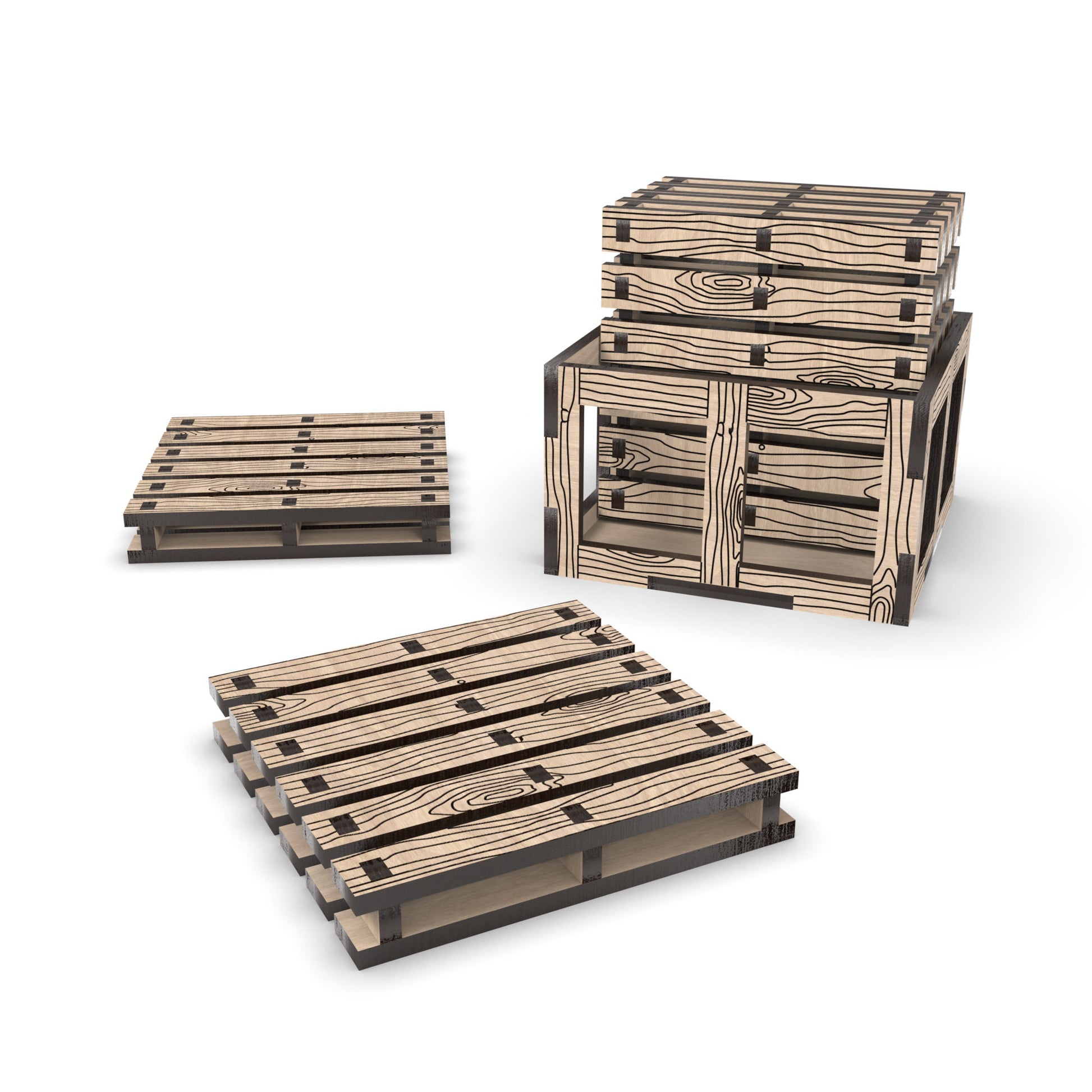 Boxed Pallet Coaster and Crate Set made from our laser cutting files and available as a digital download. Each pallet coaster measures 9cm x 9cm, and the crate can hold up to 6 coasters.