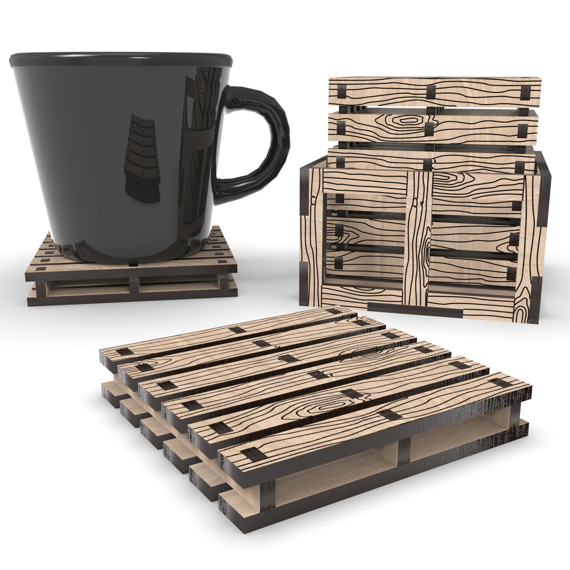 Boxed Pallet Coaster and Crate Set made from our laser cutting files and available as a digital download. Each pallet coaster measures 9cm x 9cm, and the crate can hold up to 6 coasters.