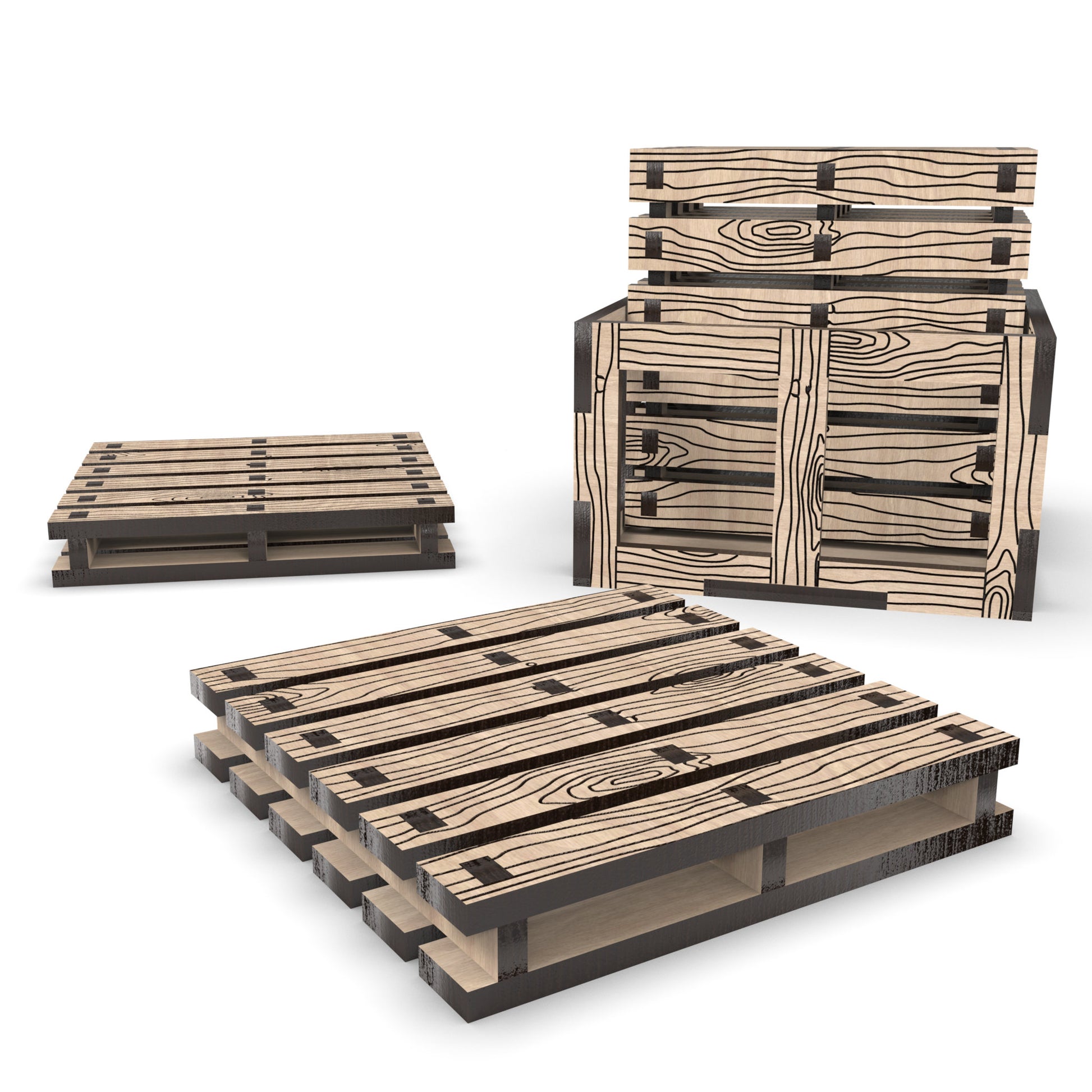 Boxed Pallet Coaster and Crate Set made from our laser cutting files and available as a digital download. Each pallet coaster measures 9cm x 9cm, and the crate can hold up to 6 coasters.