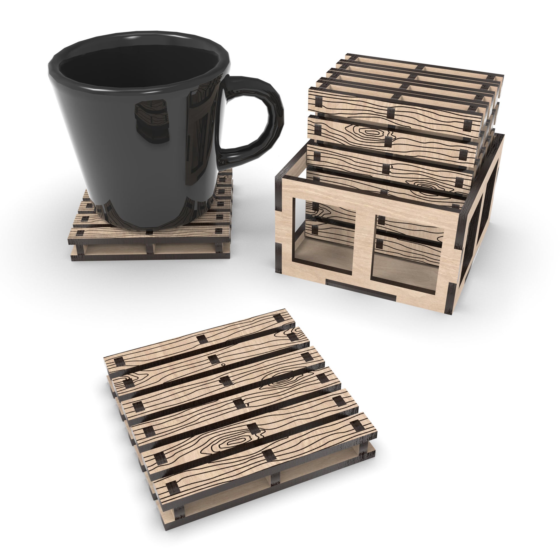 Boxed Pallet Coaster and Crate Set made from our laser cutting files and available as a digital download. Each pallet coaster measures 9cm x 9cm, and the crate can hold up to 6 coasters.