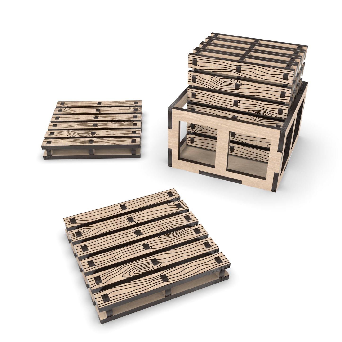 Boxed Pallet Coaster and Crate Set made from our laser cutting files and available as a digital download. Each pallet coaster measures 9cm x 9cm, and the crate can hold up to 6 coasters.