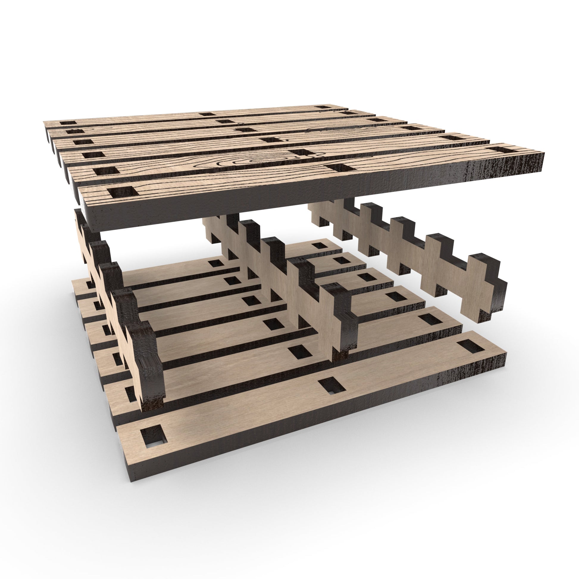 An exploded view of our Pallet Coasters made from our laser cutting files and available as a digital download. Each pallet coaster measures 9cm x 9cm.