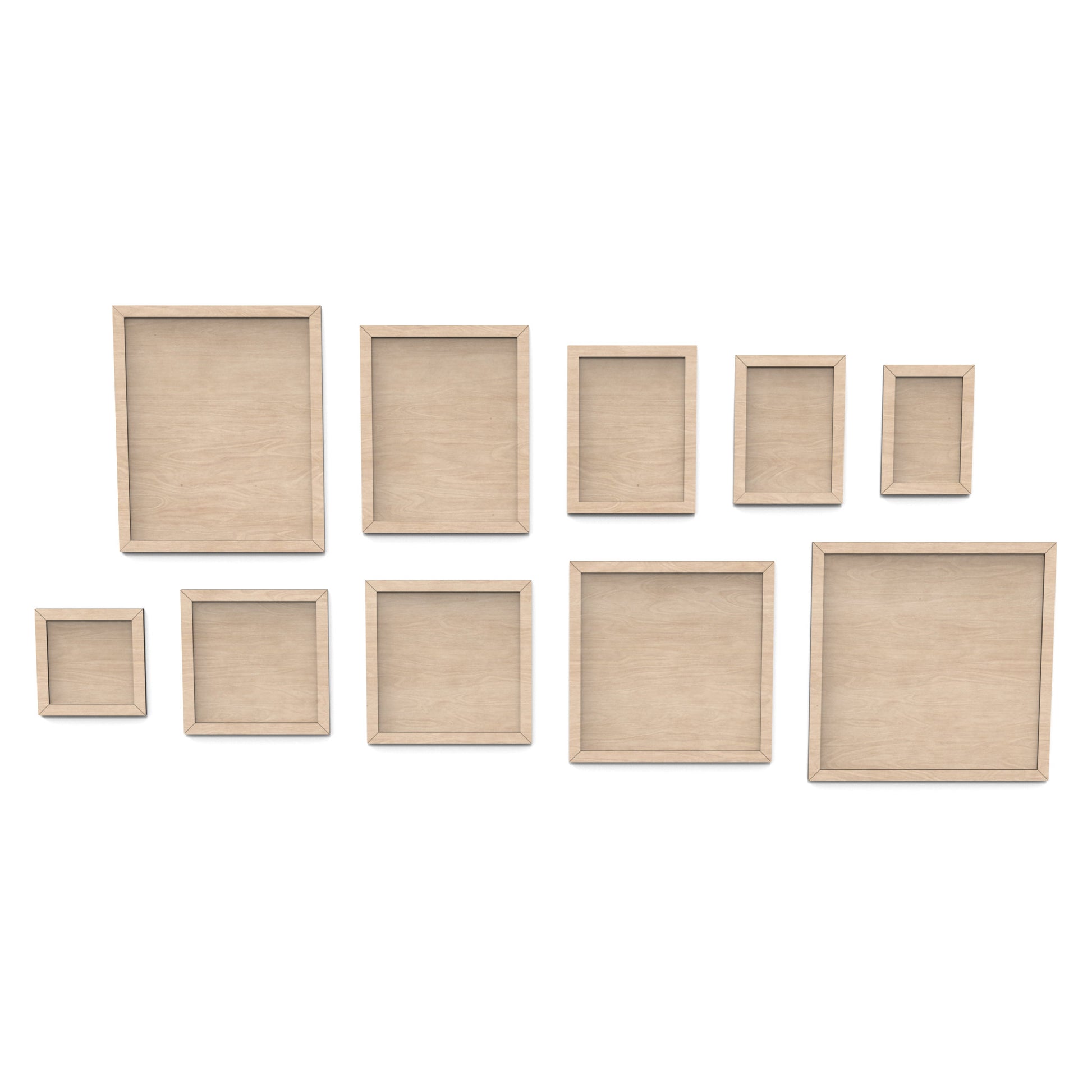 Set of 10 picture frames made from our laser cutting files and available for digital download. Includes 10 different sizes, ranging from small 4x6 rectangular frames to large 12x12 square frames, perfect for photos or artworks.