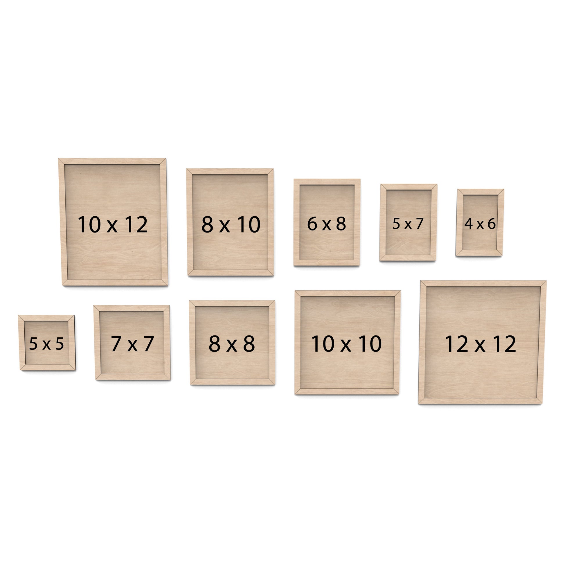 Set of 10 picture frames made from our laser cutting files and available for digital download. Includes 10 different sizes, ranging from small 4x6 rectangular frames to large 12x12 square frames, perfect for photos or artworks.