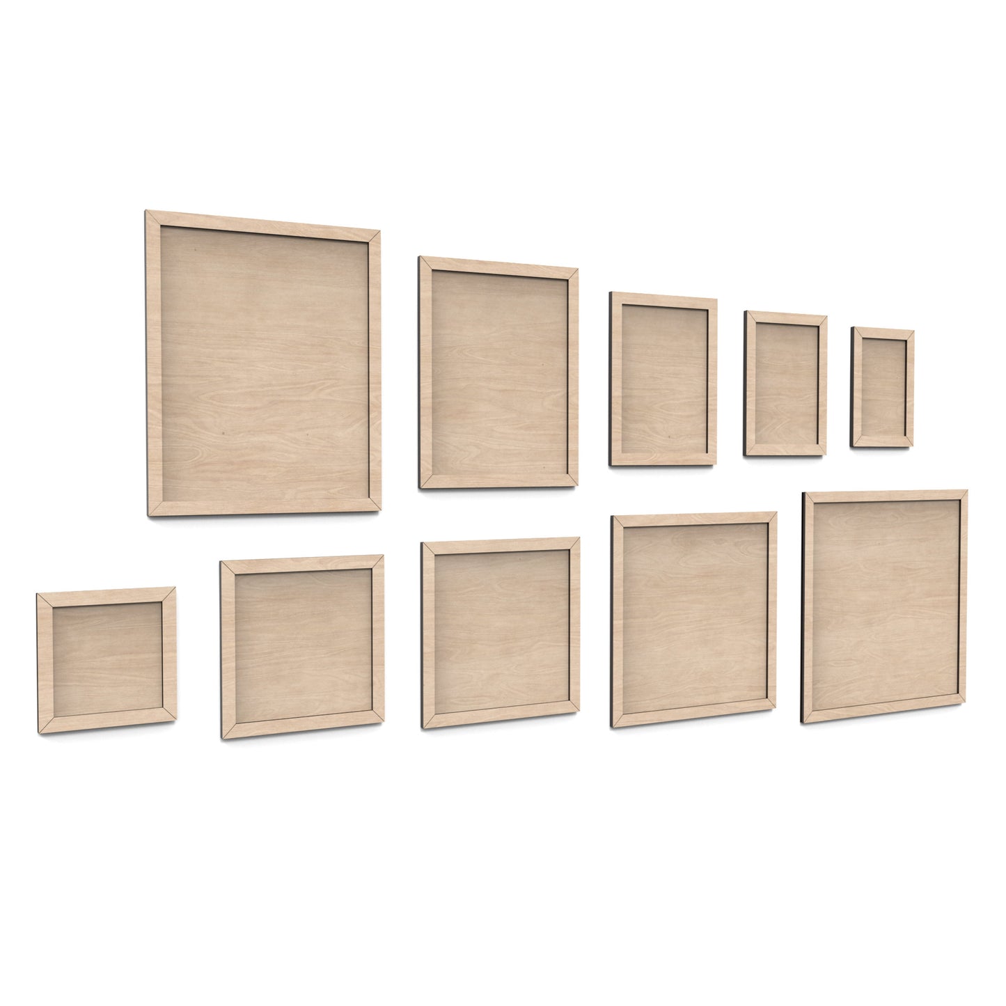 Set of 10 picture frames made from our laser cutting files and available for digital download. Includes 10 different sizes, ranging from small 4x6 rectangular frames to large 12x12 square frames, perfect for photos or artworks.