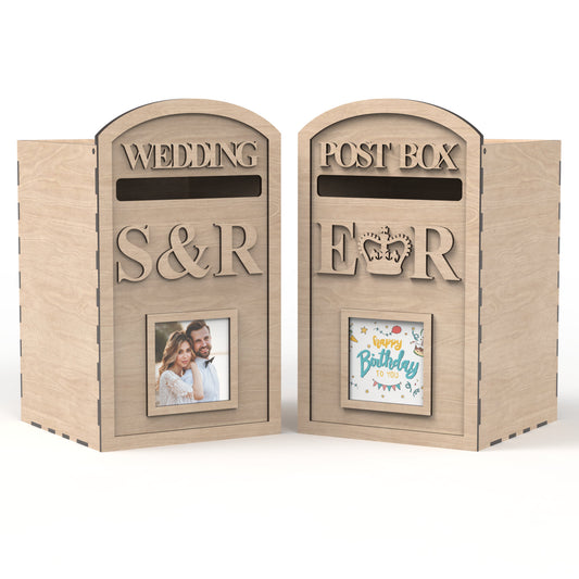 2 Birthday, Events & Wedding Card Post Boxes made from our laser cutting files and available for digital download. Ideal for weddings, birthdays, Christmas, and corporate gatherings, these versatile post boxes suit any occasion.