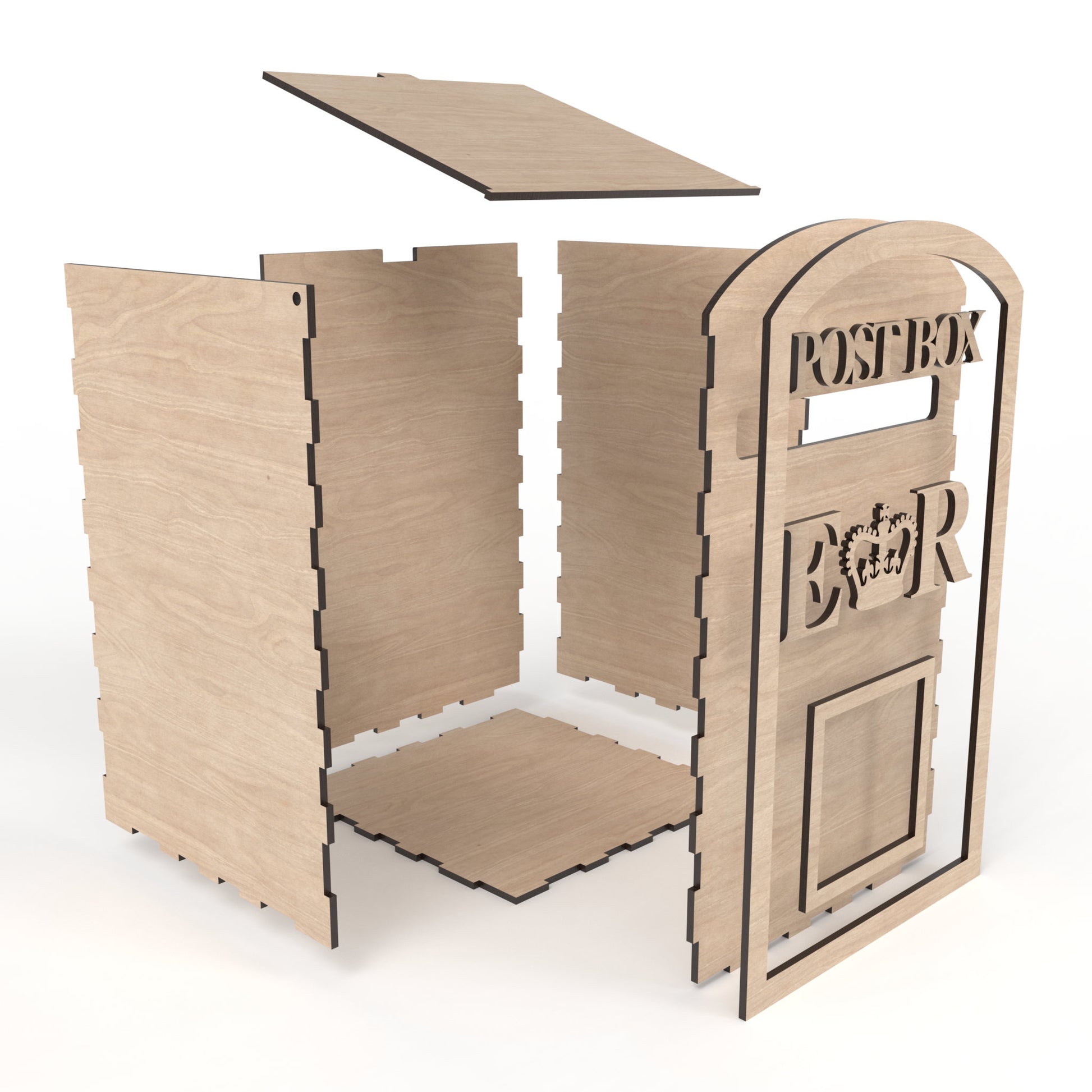 An exploded view of our Birthday, Events & Wedding Card Post Box made from our laser cutting files and available for digital download. Ideal for weddings, birthdays, Christmas, and corporate gatherings, these versatile post boxes suit any occasion.
