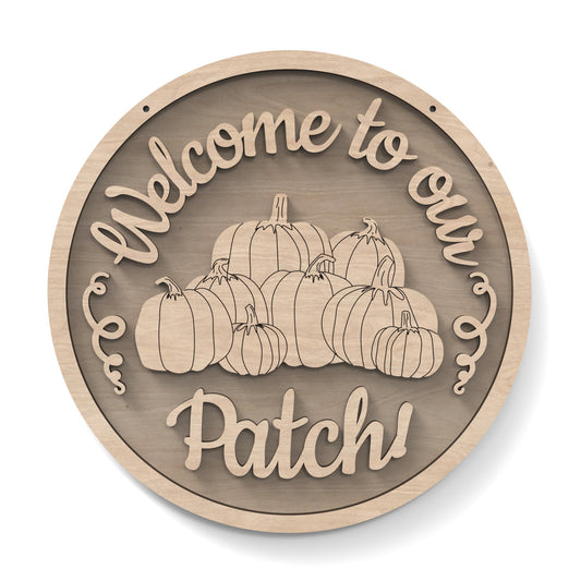 Welcome To Our Pumpkin Patch Halloween sign made from our laser cutting files and available for digital download. Ideal for fall festivals, markets, or home decoration during the Halloween season.