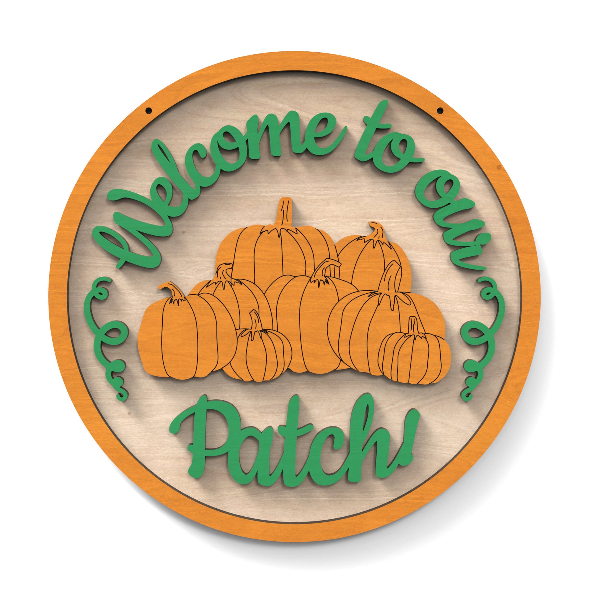 Welcome To Our Pumpkin Patch Halloween sign made from our laser cutting files and available for digital download. Ideal for fall festivals, markets, or home decoration during the Halloween season.