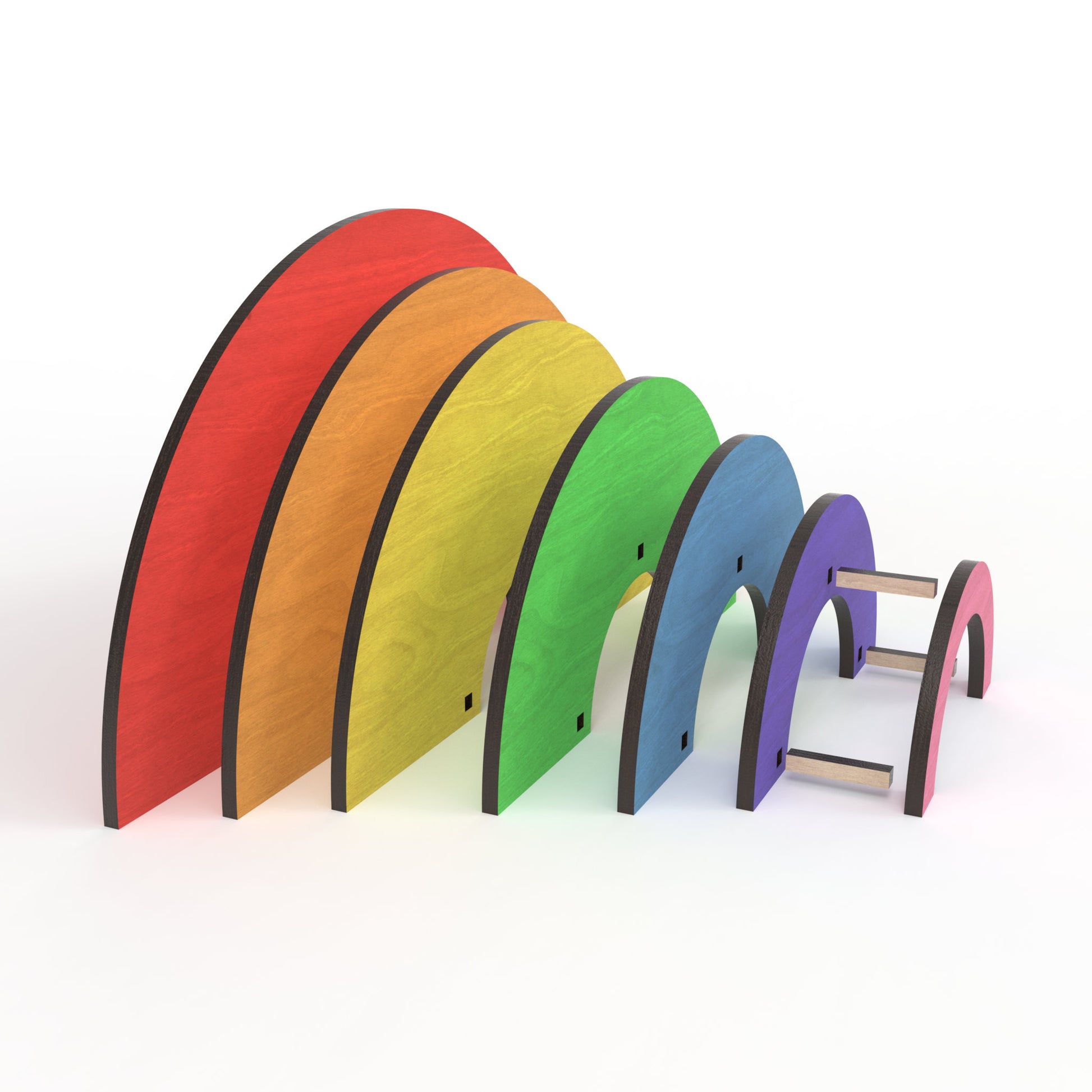 An exploded view of our Freestanding 7 Layer Rainbow made from our laser cutting files and available for digital download. Features seven meticulously crafted layers, each one able to represent a different colour of the rainbow.